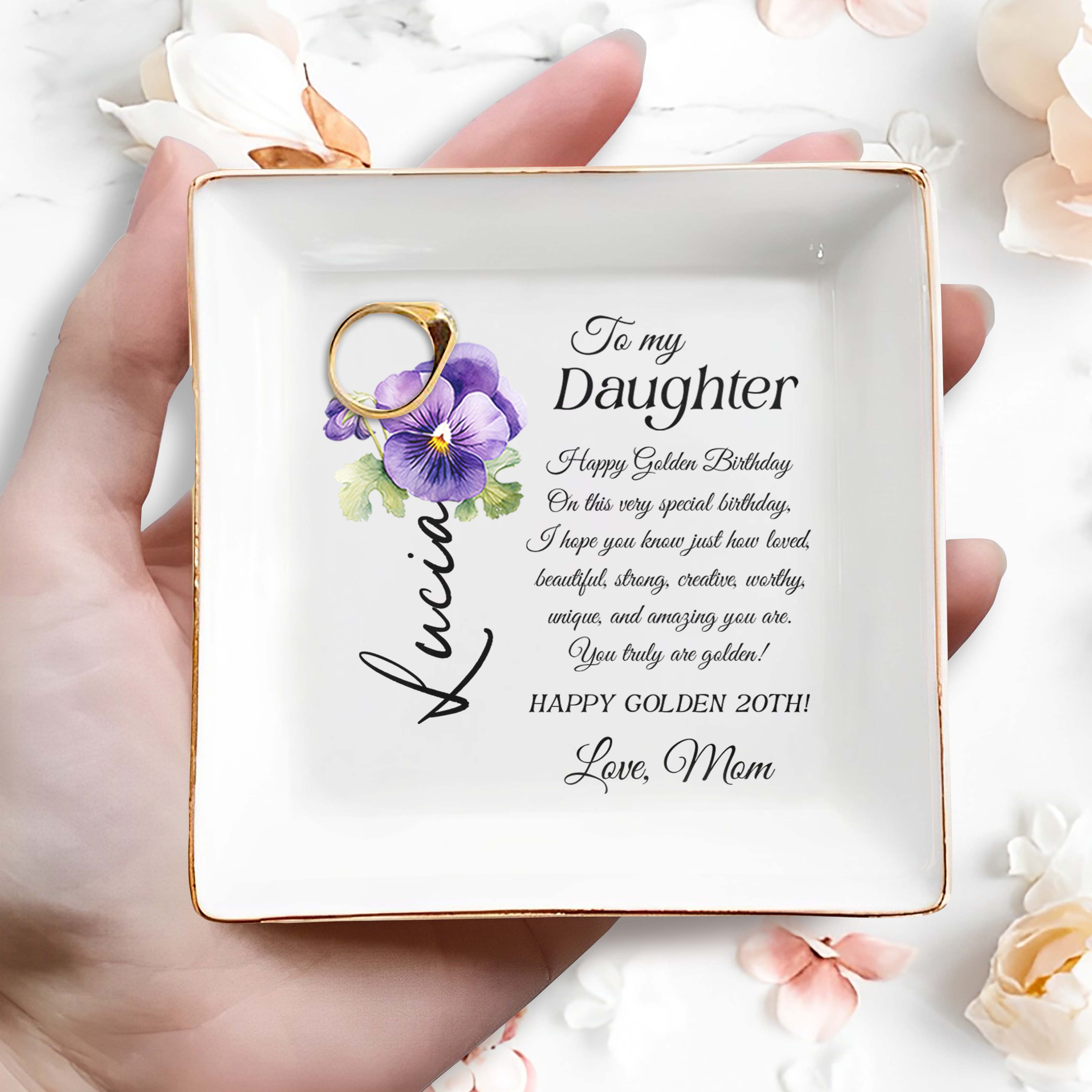 Happy Golden Birthday Gift Featuring Pansies - Personalized Custom Jewelry Dish - DAU086_SCRD