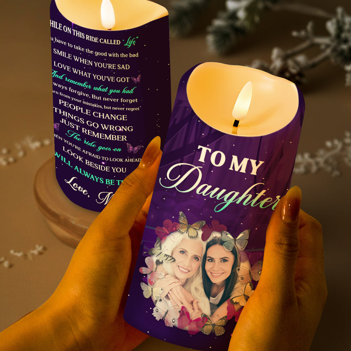 Love And Guidance Message From Mom To Daughter With Butterflies And Flowers - Personalized Custom LED Candle - DAU087_LECA
