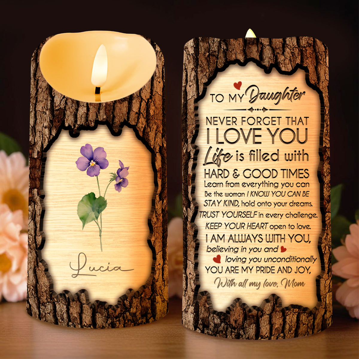 Never Forget That I Love You, Inspirational Quote With Heart & Flowers - Personalized Custom LED Candle - DAU096_LECA