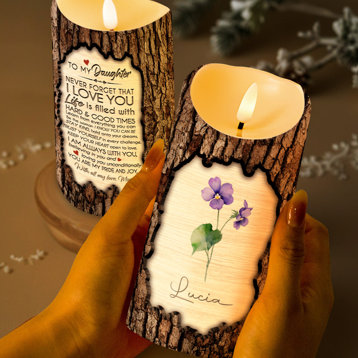 Never Forget That I Love You, Inspirational Quote With Heart & Flowers - Personalized Custom LED Candle - DAU096_LECA