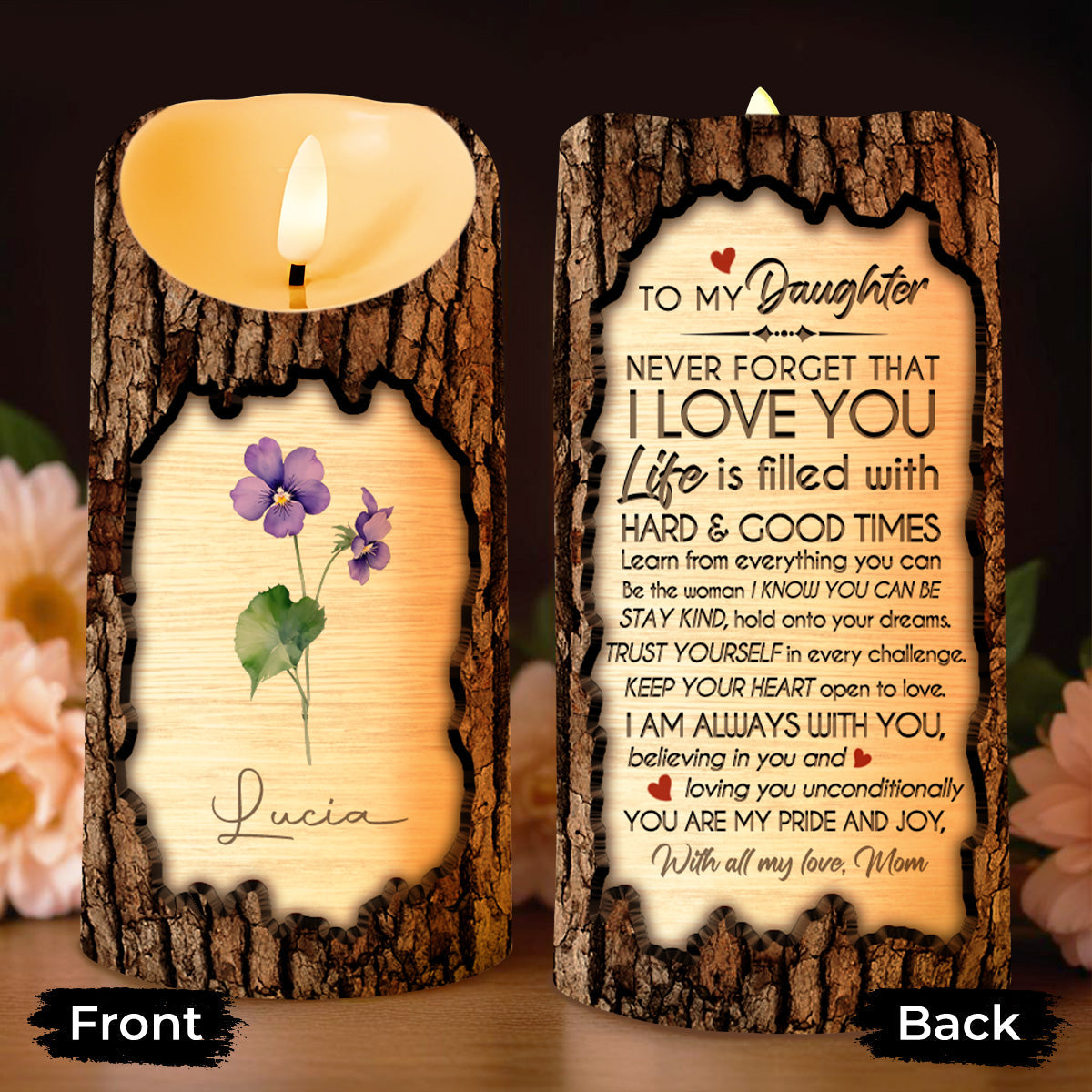 Never Forget That I Love You, Inspirational Quote With Heart & Flowers - Personalized Custom LED Candle - DAU096_LECA