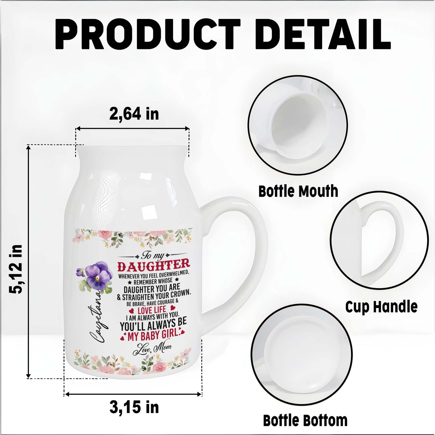 Courage and Love Life Message For Daughter With Floral Design - Personalized Ceramic Flower Vase
