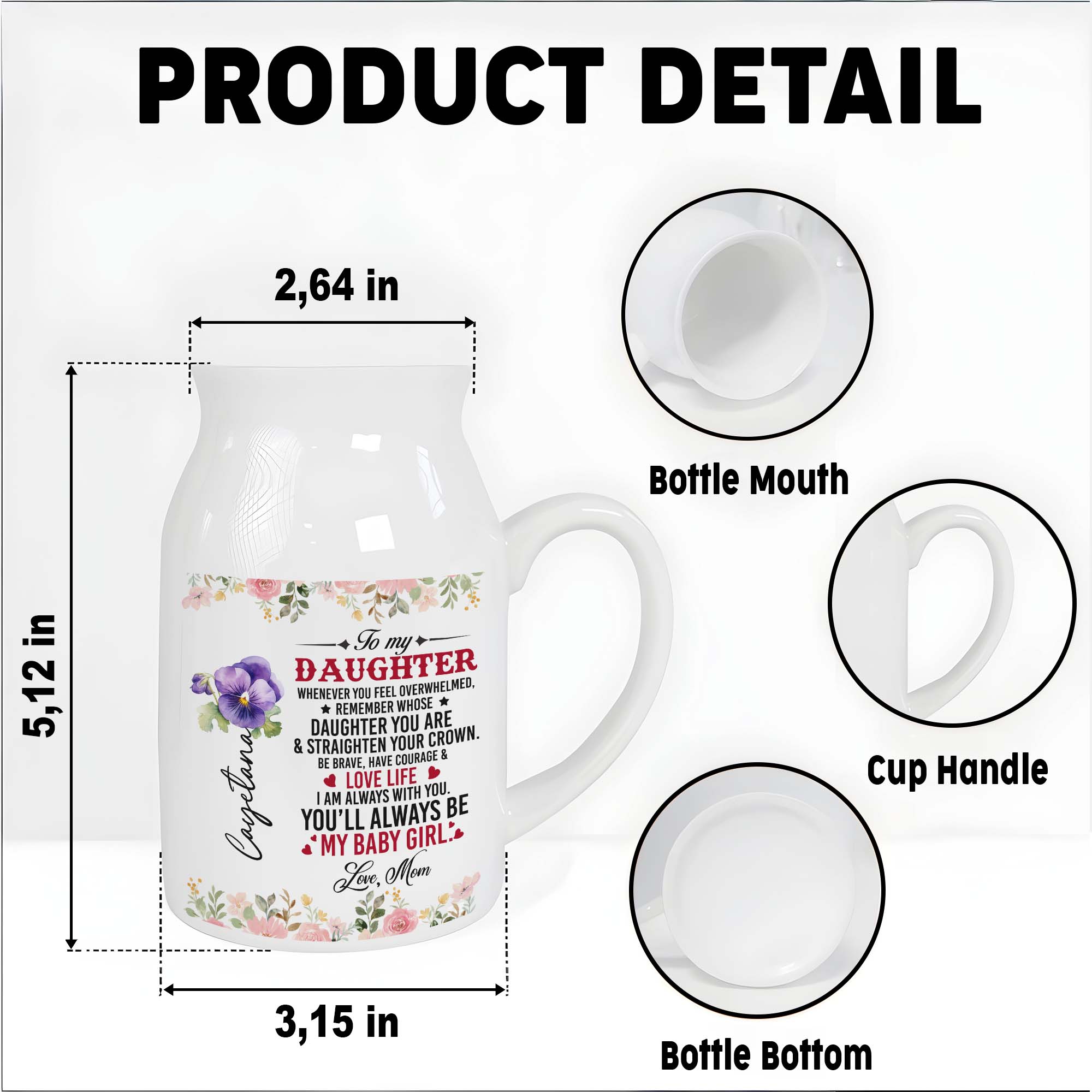 Courage and Love Life Message For Daughter With Floral Design - Personalized Ceramic Flower Vase
