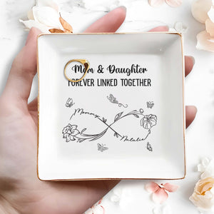 Mom & Daughter Forever Linked Together With Flowers And Butterflies - Personalized Custom Jewelry Dish, Square Ceramic Dish - DAU111_SCRD