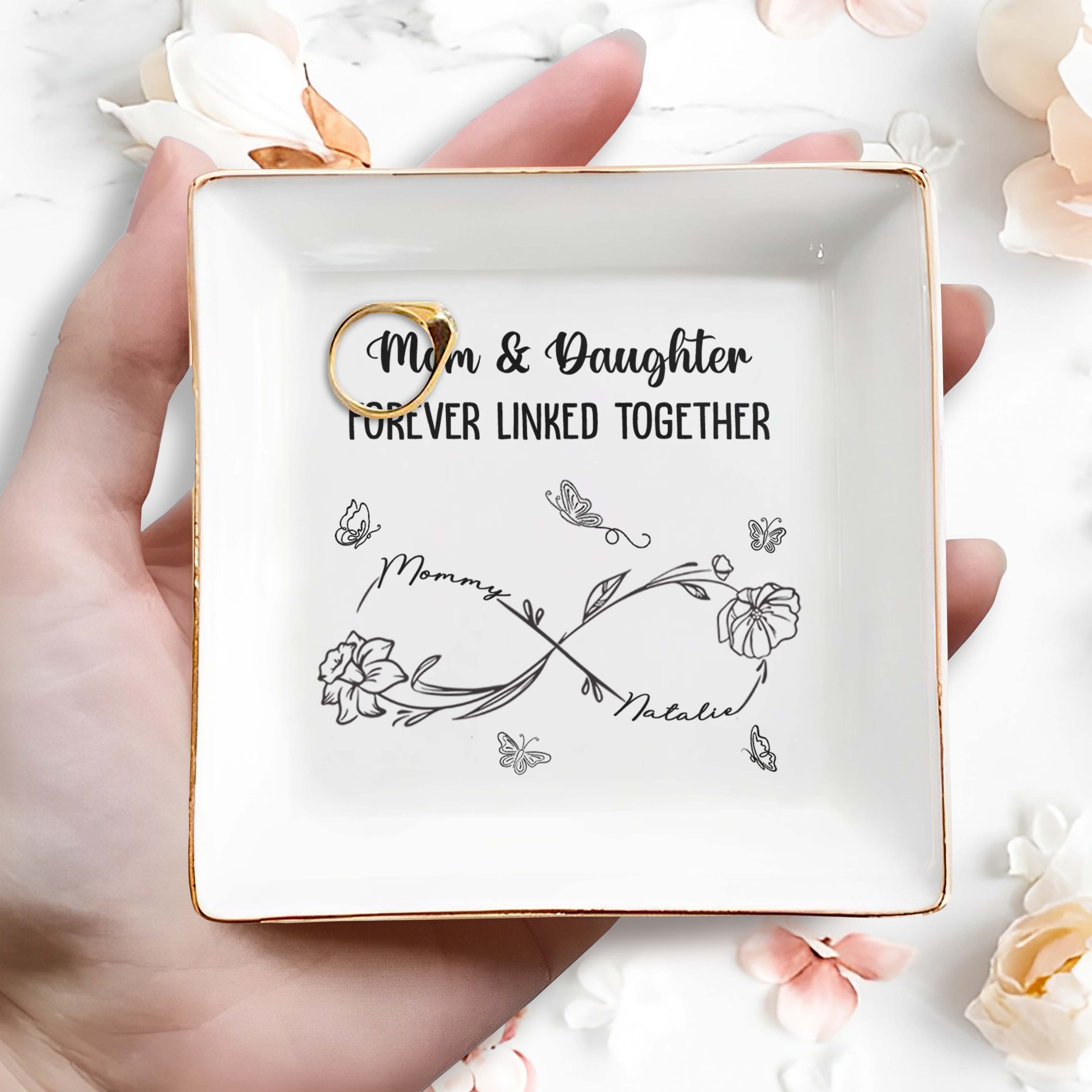 Mom & Daughter Forever Linked Together With Flowers And Butterflies - Personalized Custom Jewelry Dish, Square Ceramic Dish - DAU111_SCRD