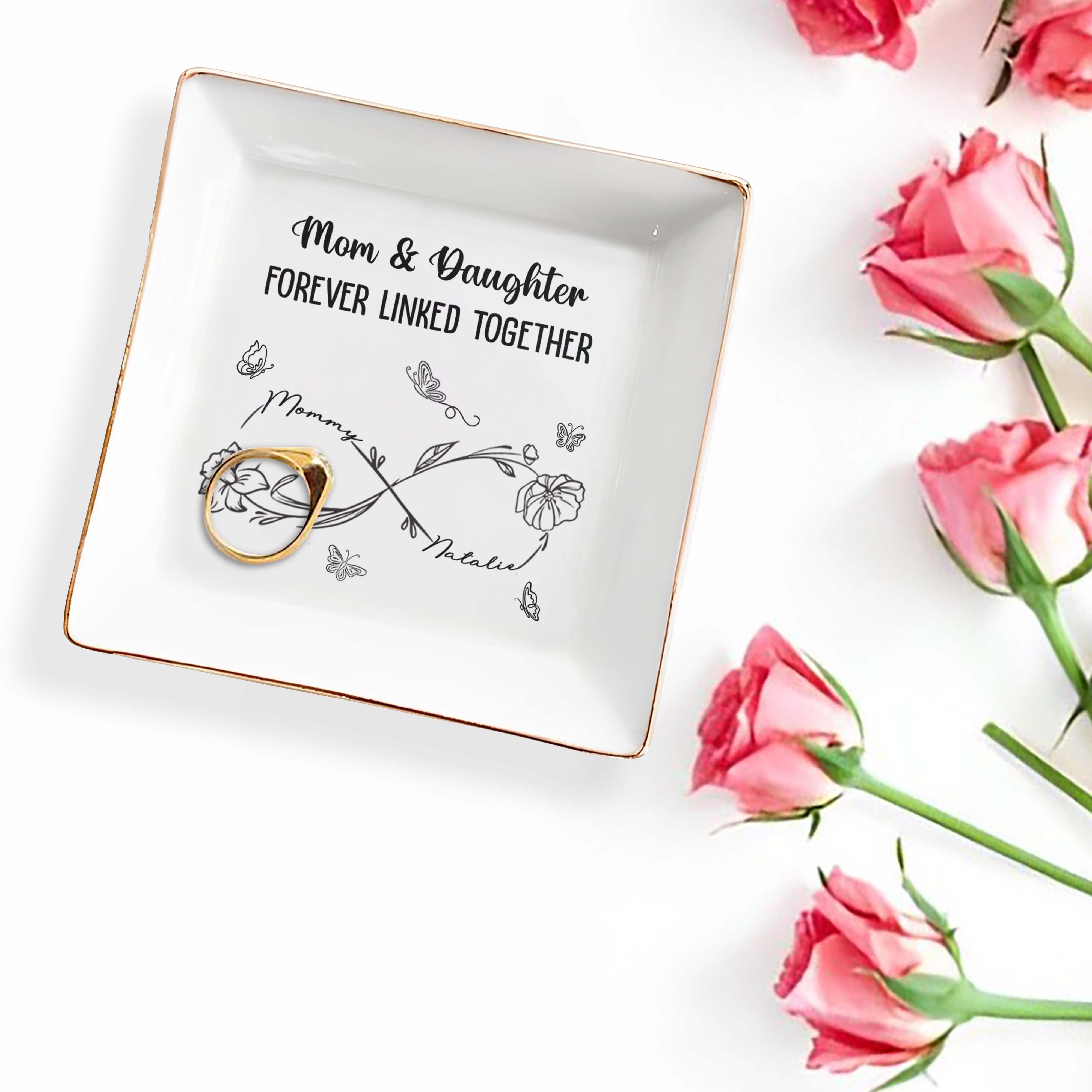 Mom & Daughter Forever Linked Together With Flowers And Butterflies - Personalized Custom Jewelry Dish, Square Ceramic Dish - DAU111_SCRD