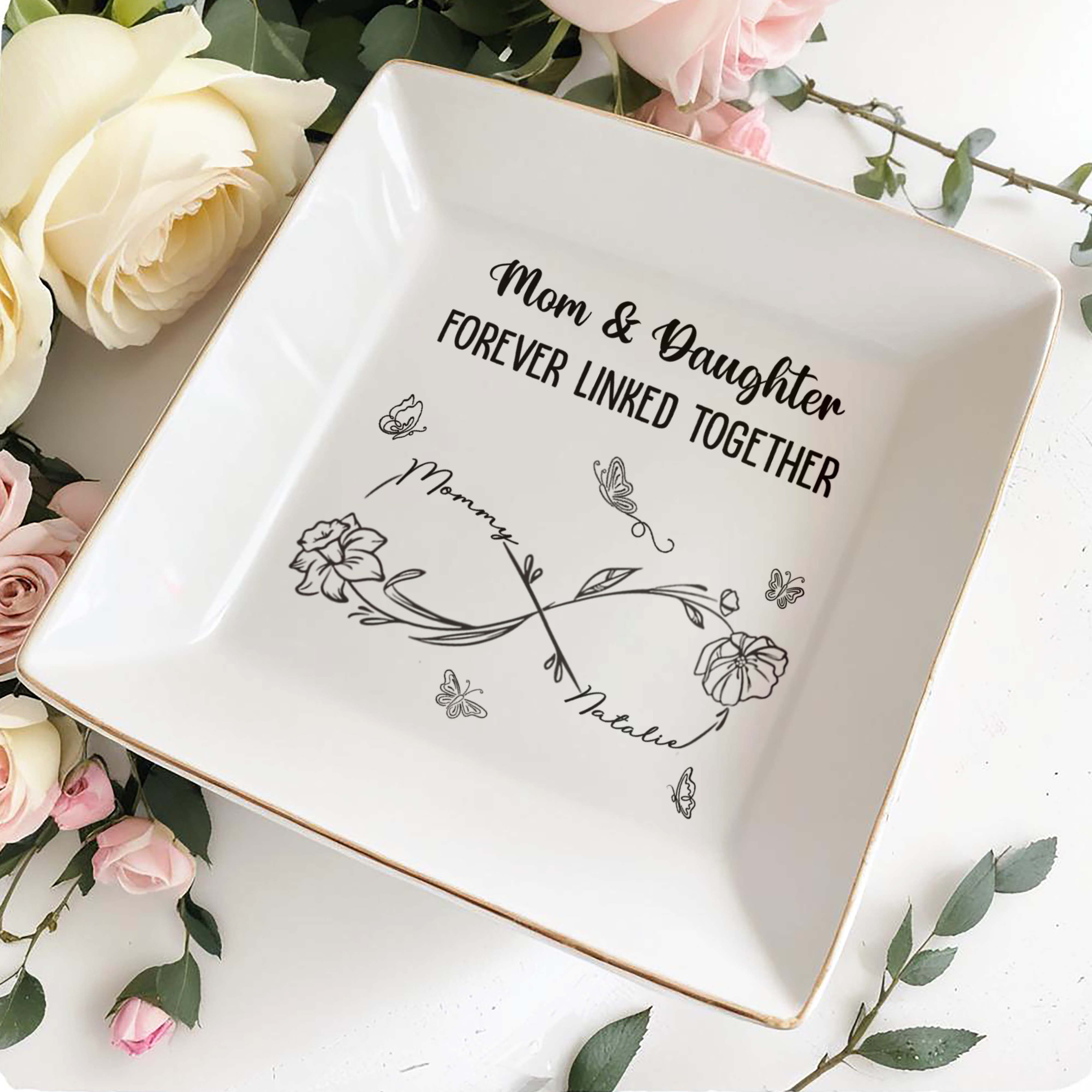 Mom & Daughter Forever Linked Together With Flowers And Butterflies - Personalized Custom Jewelry Dish, Square Ceramic Dish - DAU111_SCRD