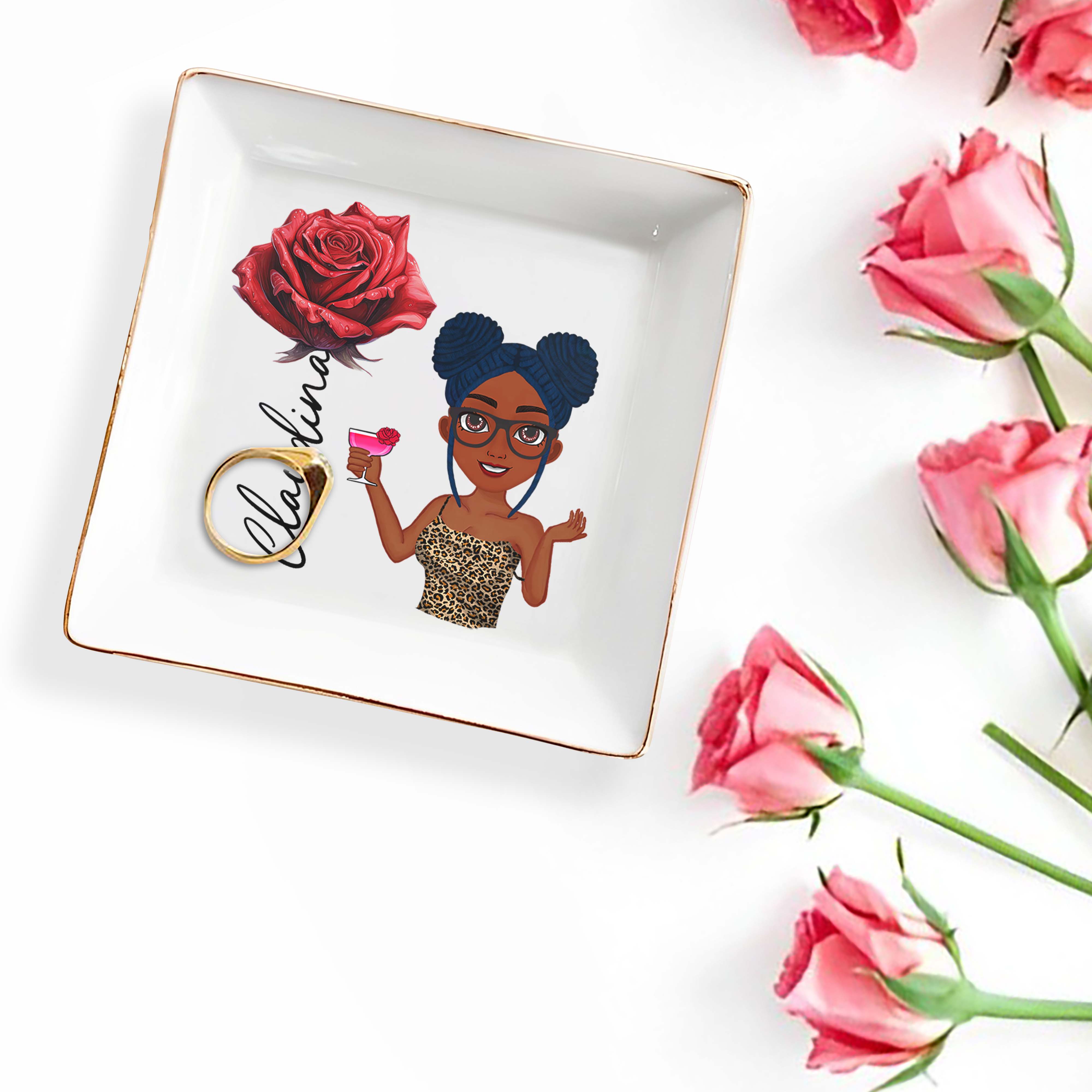 Congratulaciones With Cartoon Character And Flower - Personalized Custom Jewelry Dish, Square Ceramic Dish - DAU113_SCRD