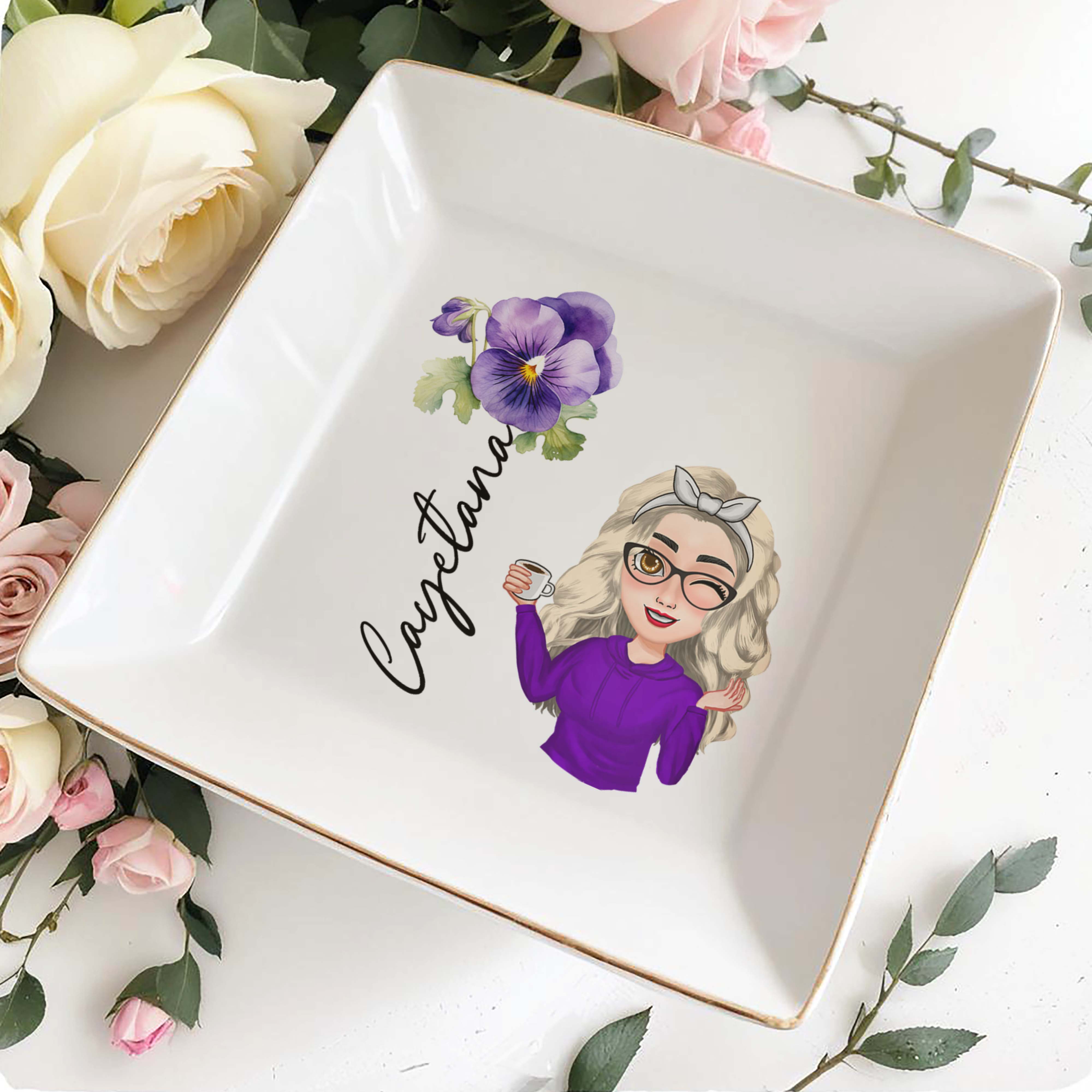 Congratulaciones With Cartoon Character And Flower - Personalized Custom Jewelry Dish, Square Ceramic Dish - DAU113_SCRD