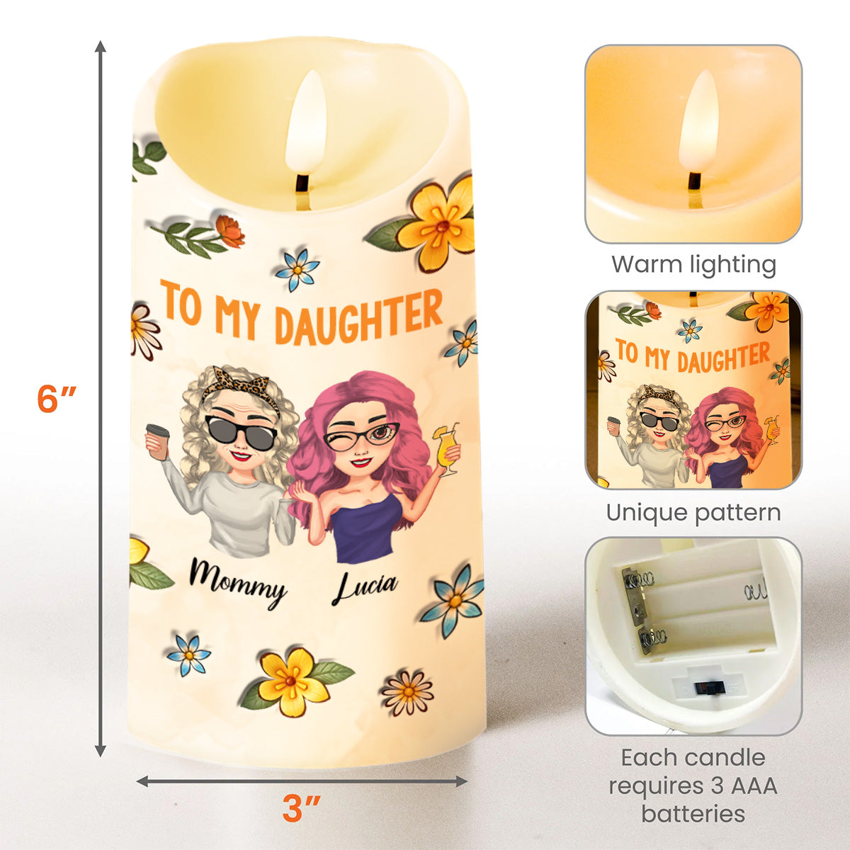 Watching You Be A Mom, Floral Design and Heartfelt Message - Personalized Custom LED Candle - DAU114_LECA