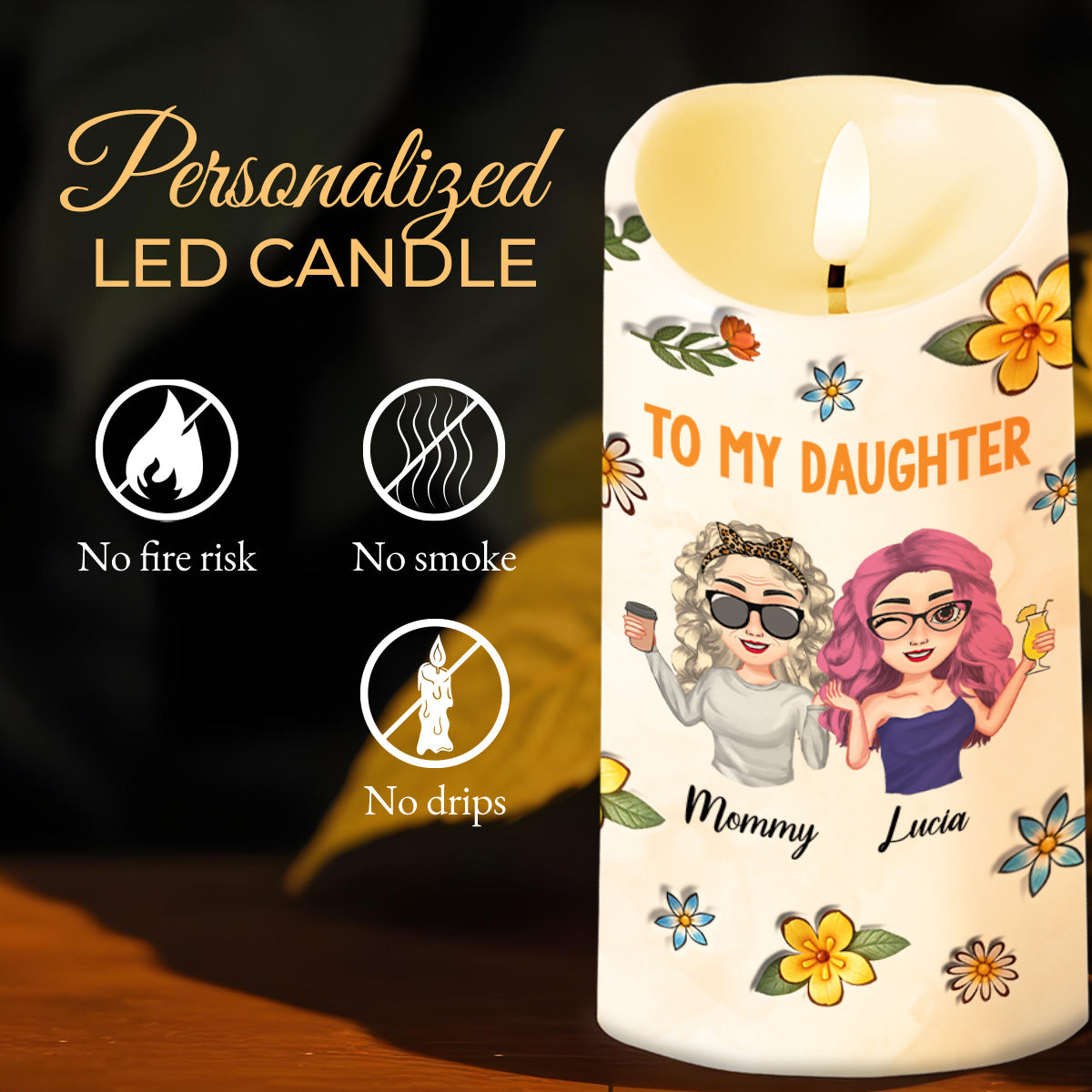 Watching You Be A Mom, Floral Design and Heartfelt Message - Personalized Custom LED Candle - DAU114_LECA