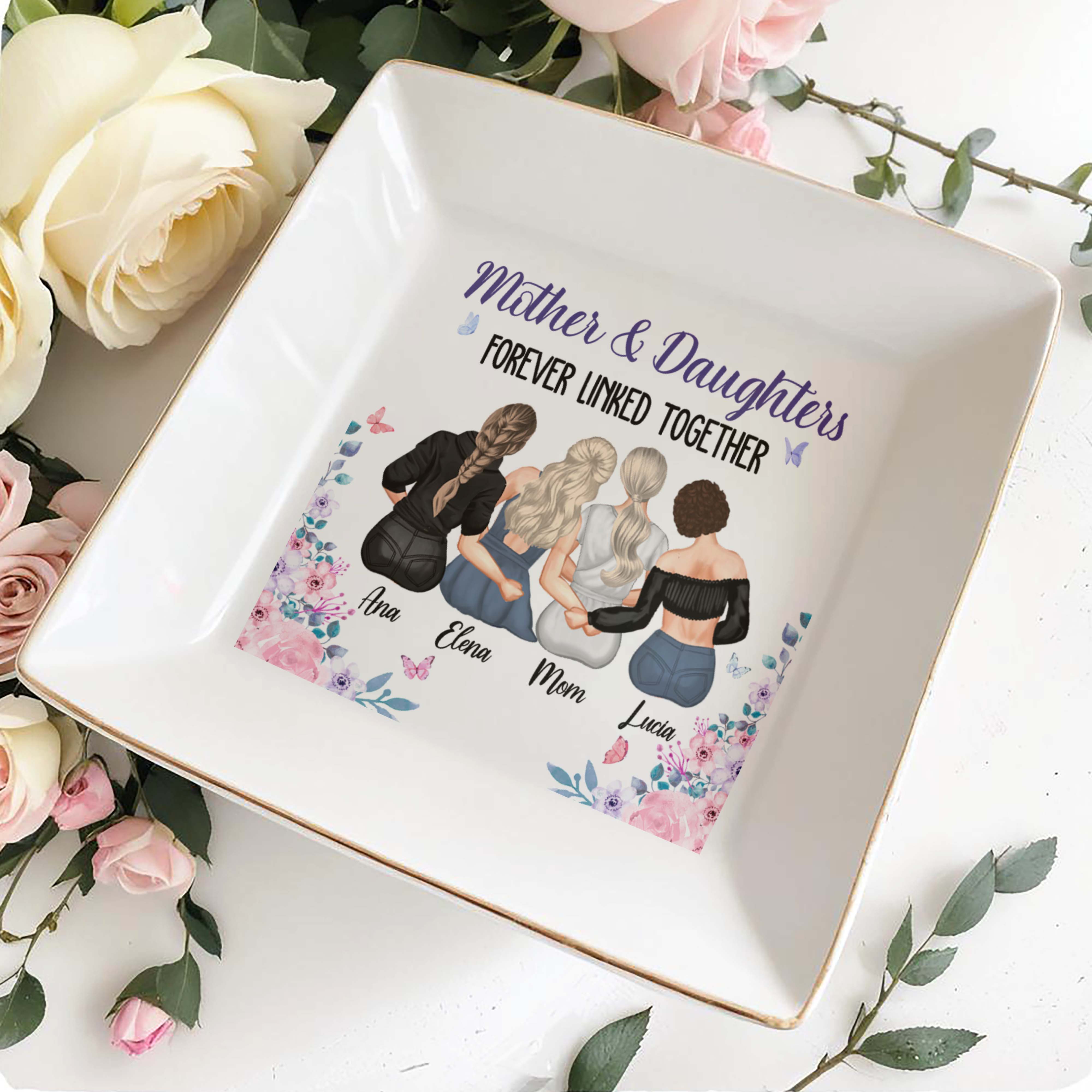 Mother & Daughters Forever Linked Together, Women Holding Hands - Personalized Custom Jewelry Dish, Square Ceramic Dish - DAU115_SCRD
