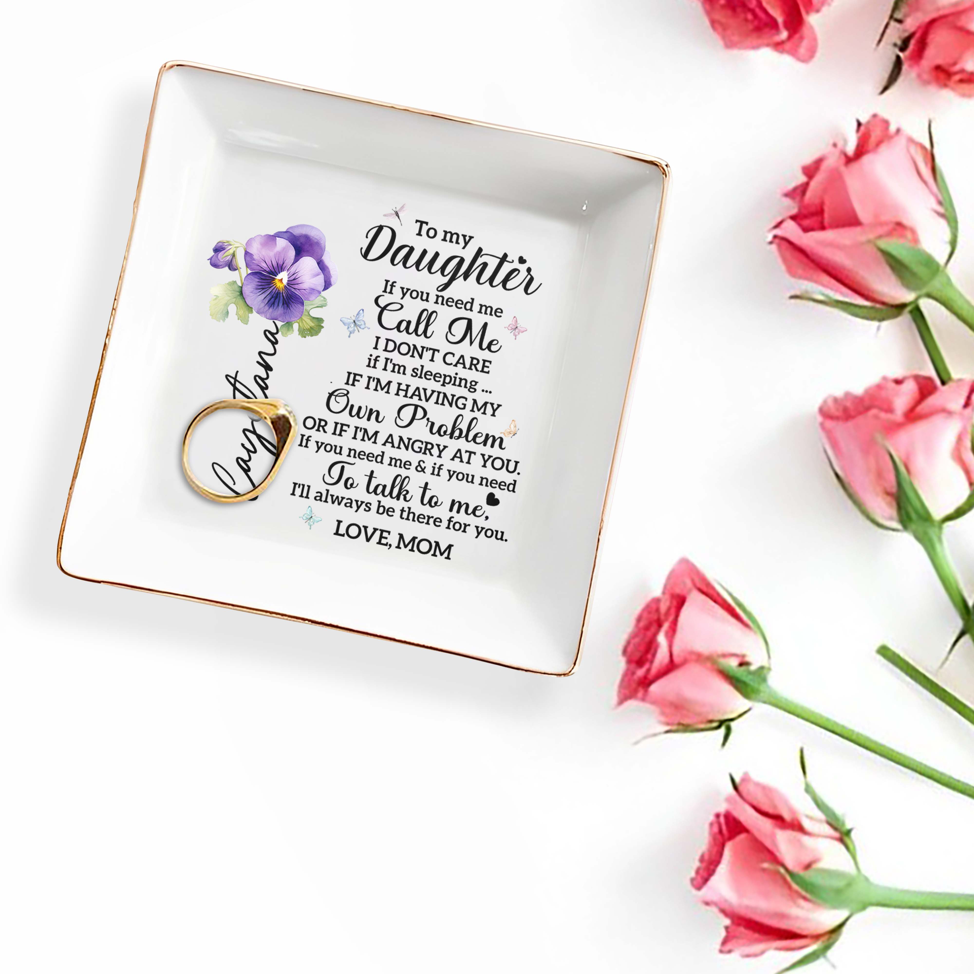 To My Daughter Call Me Love Mom Pansy Flower Ceramic Dish - Personalized Custom Jewelry Dish, Square Ceramic Dish - DAU118_SCRD