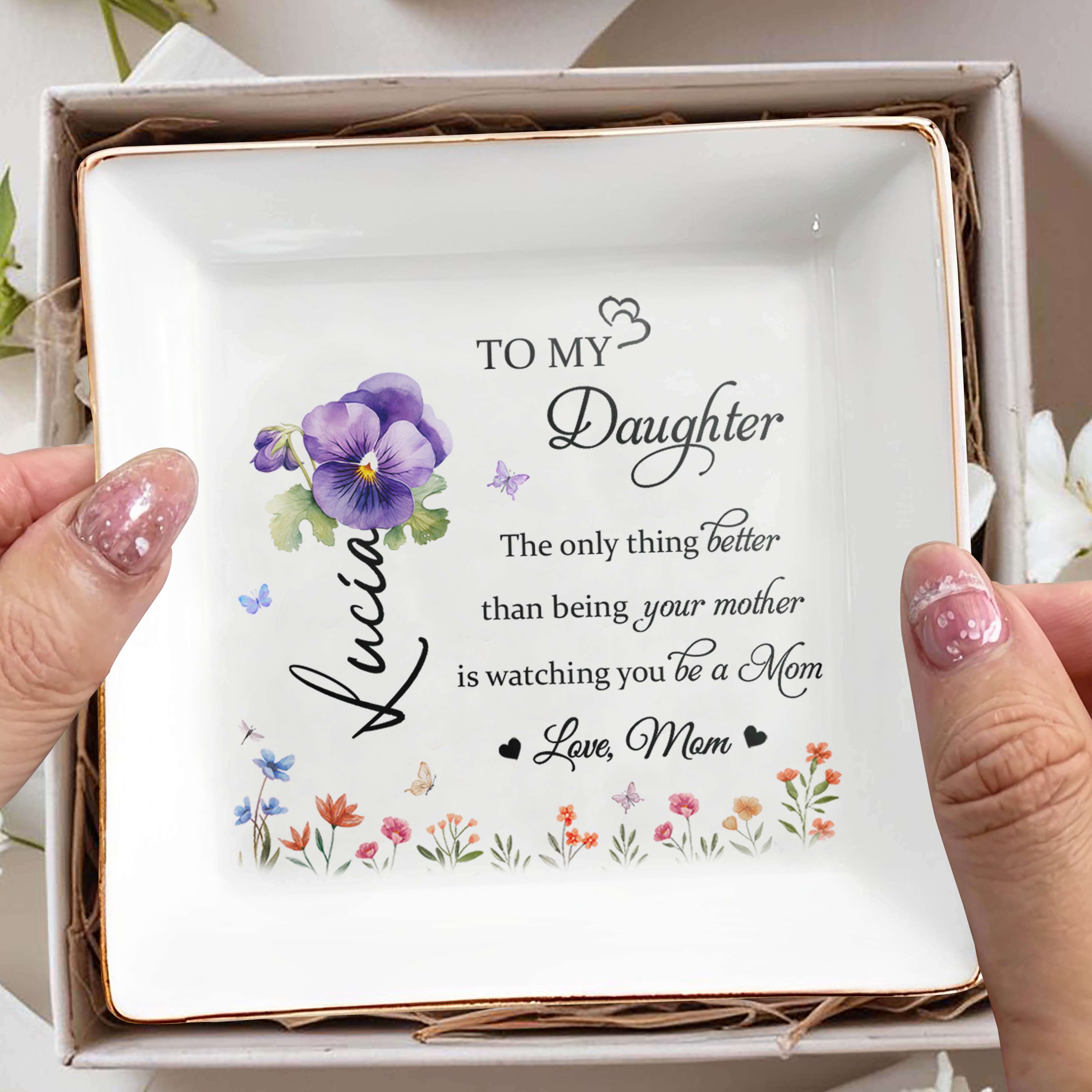 To My Daughter Love Mom Floral Ceramic Dish - Personalized Custom Jewelry Dish, Square Ceramic Dish - DAU121_SCRD