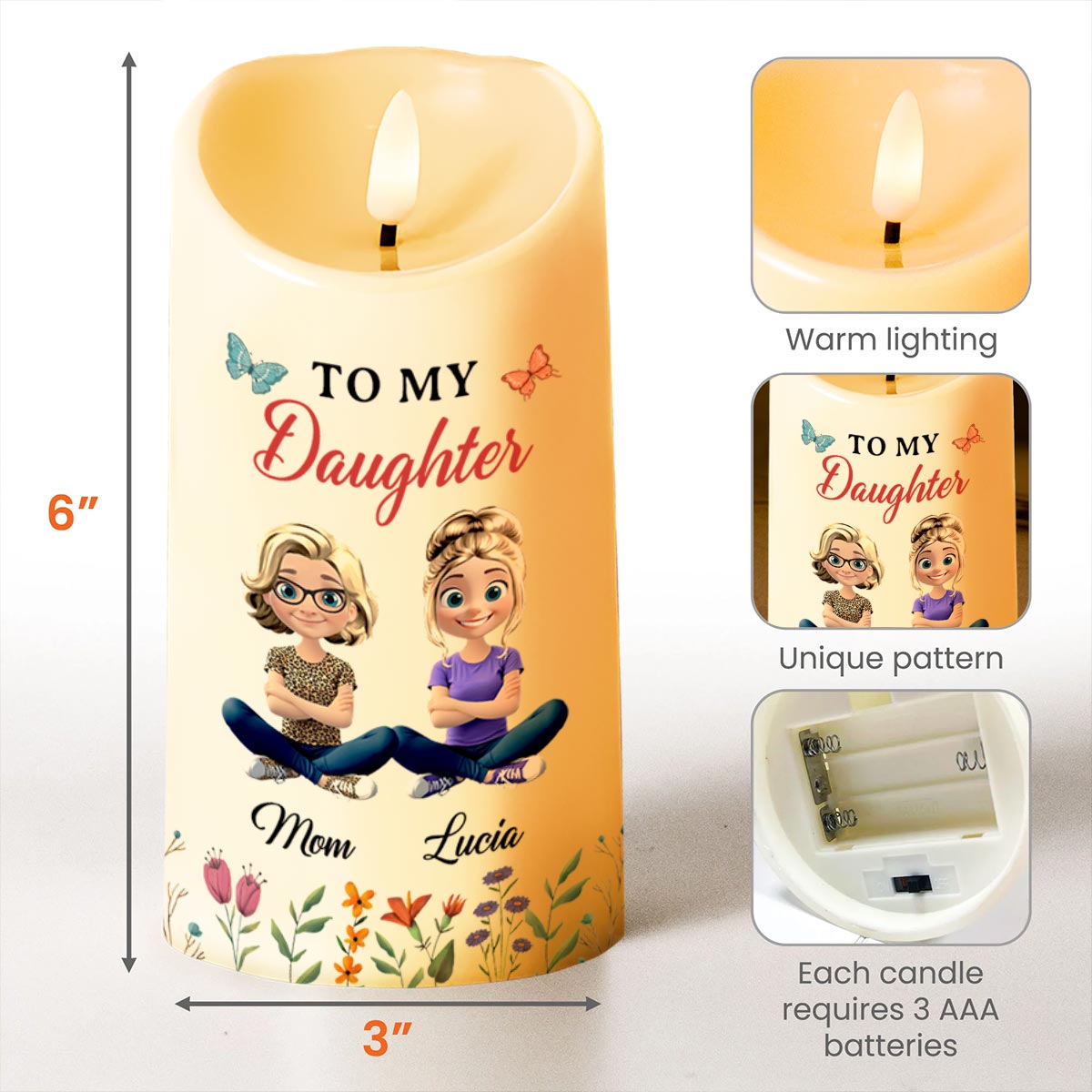 To My Daughter, Thank You For Being Such an Important Piece of My Life, Butterflies and Flowers - Personalized Custom LED Candle - DAU141_LECA