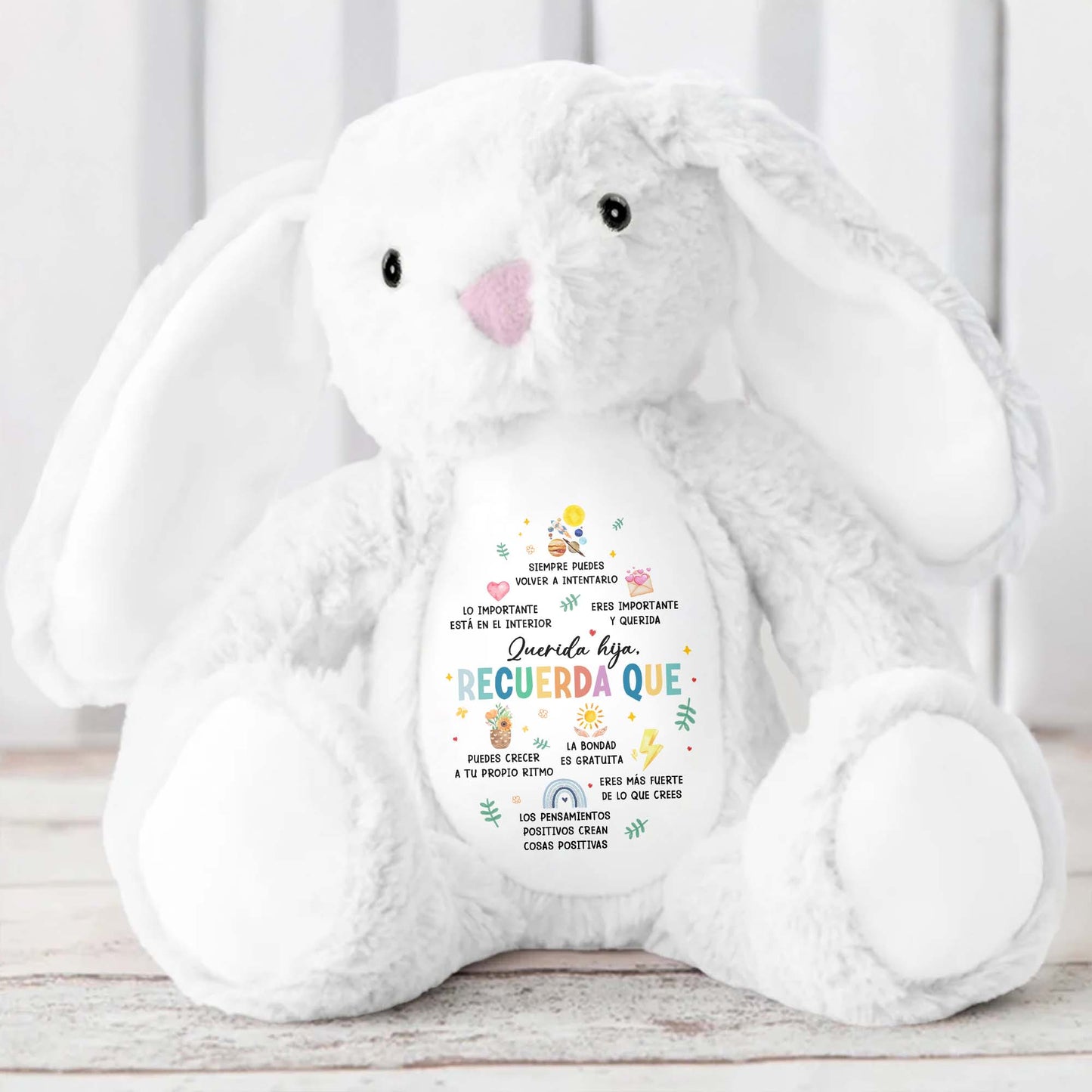 Querida Hija, Recuerda Que Siempre Podrás Contar Conmigo, Sun, Flowers, Hearts - Personalized Stuffed Bunny - DAU153_BUN