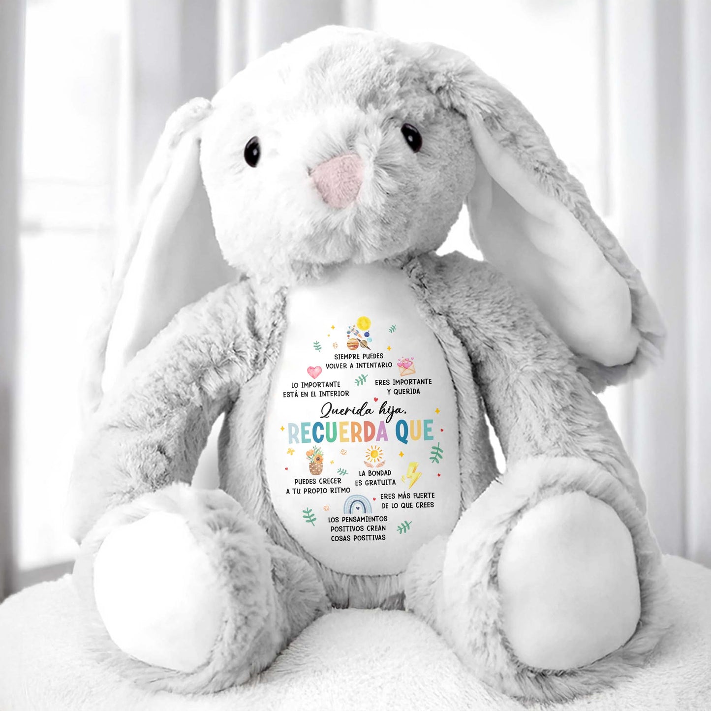 Querida Hija, Recuerda Que Siempre Podrás Contar Conmigo, Sun, Flowers, Hearts - Personalized Stuffed Bunny - DAU153_BUN