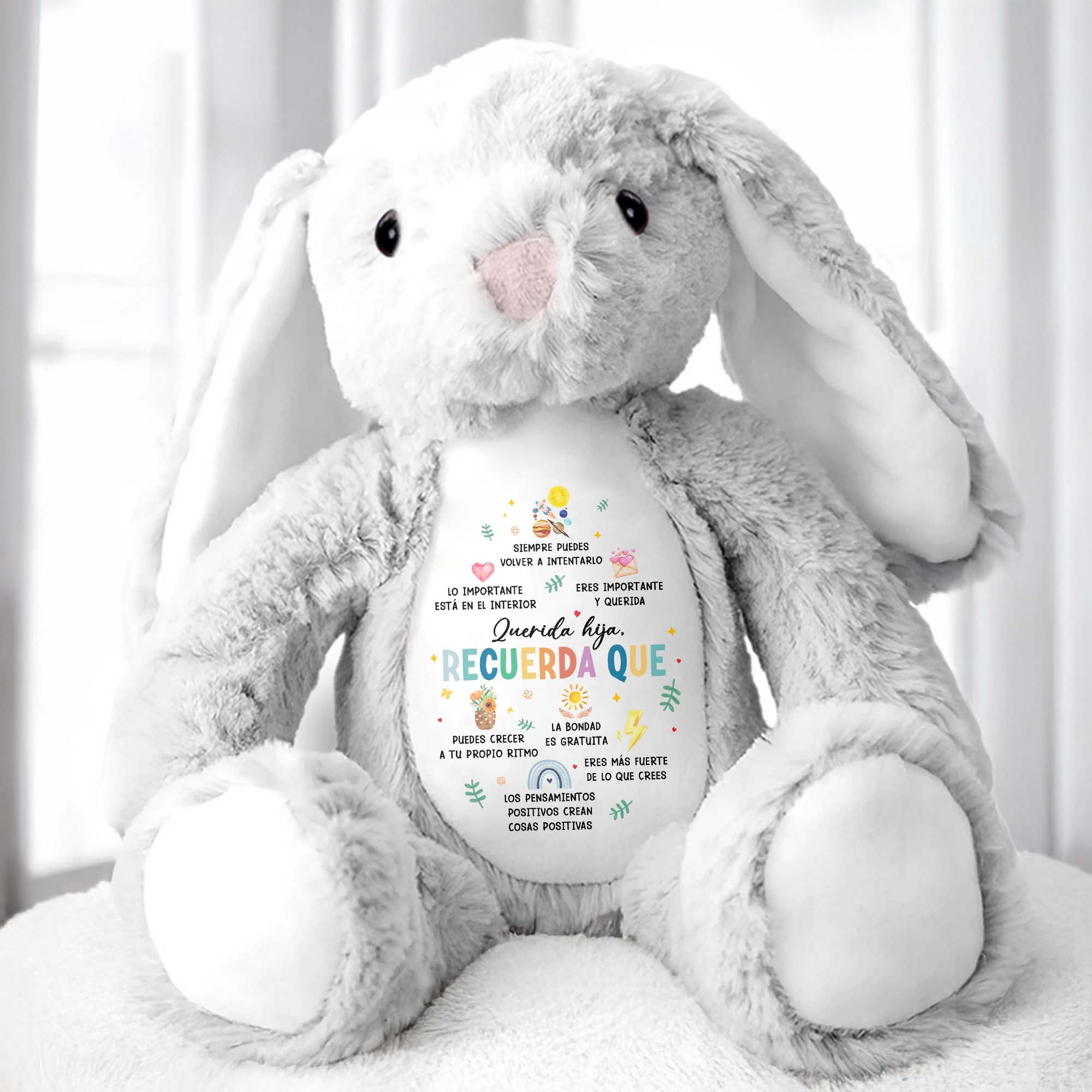 Querida Hija, Recuerda Que Siempre Podrás Contar Conmigo, Sun, Flowers, Hearts - Personalized Stuffed Bunny - DAU153_BUN