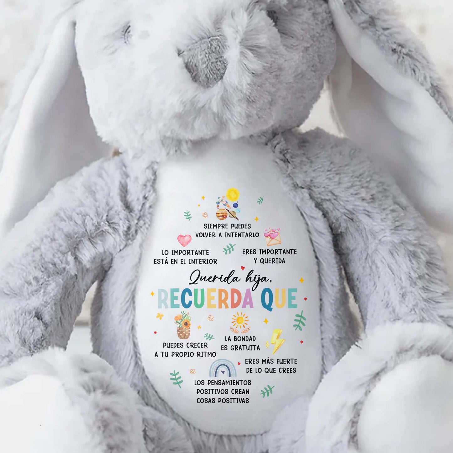 Querida Hija, Recuerda Que Siempre Podrás Contar Conmigo, Sun, Flowers, Hearts - Personalized Stuffed Bunny - DAU153_BUN