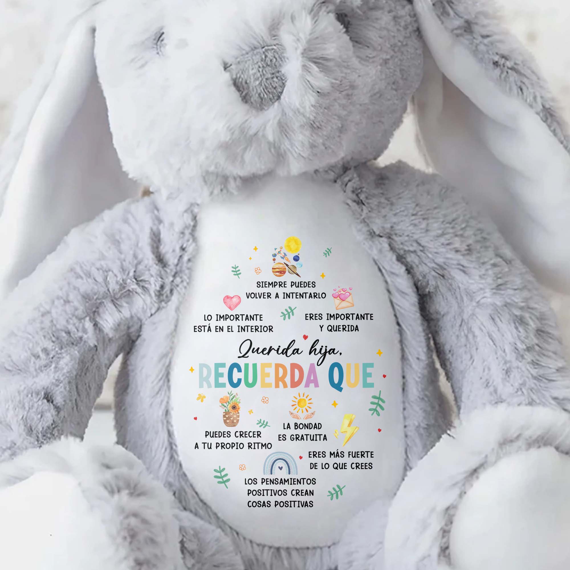 Querida Hija, Recuerda Que Siempre Podrás Contar Conmigo, Sun, Flowers, Hearts - Personalized Stuffed Bunny - DAU153_BUN