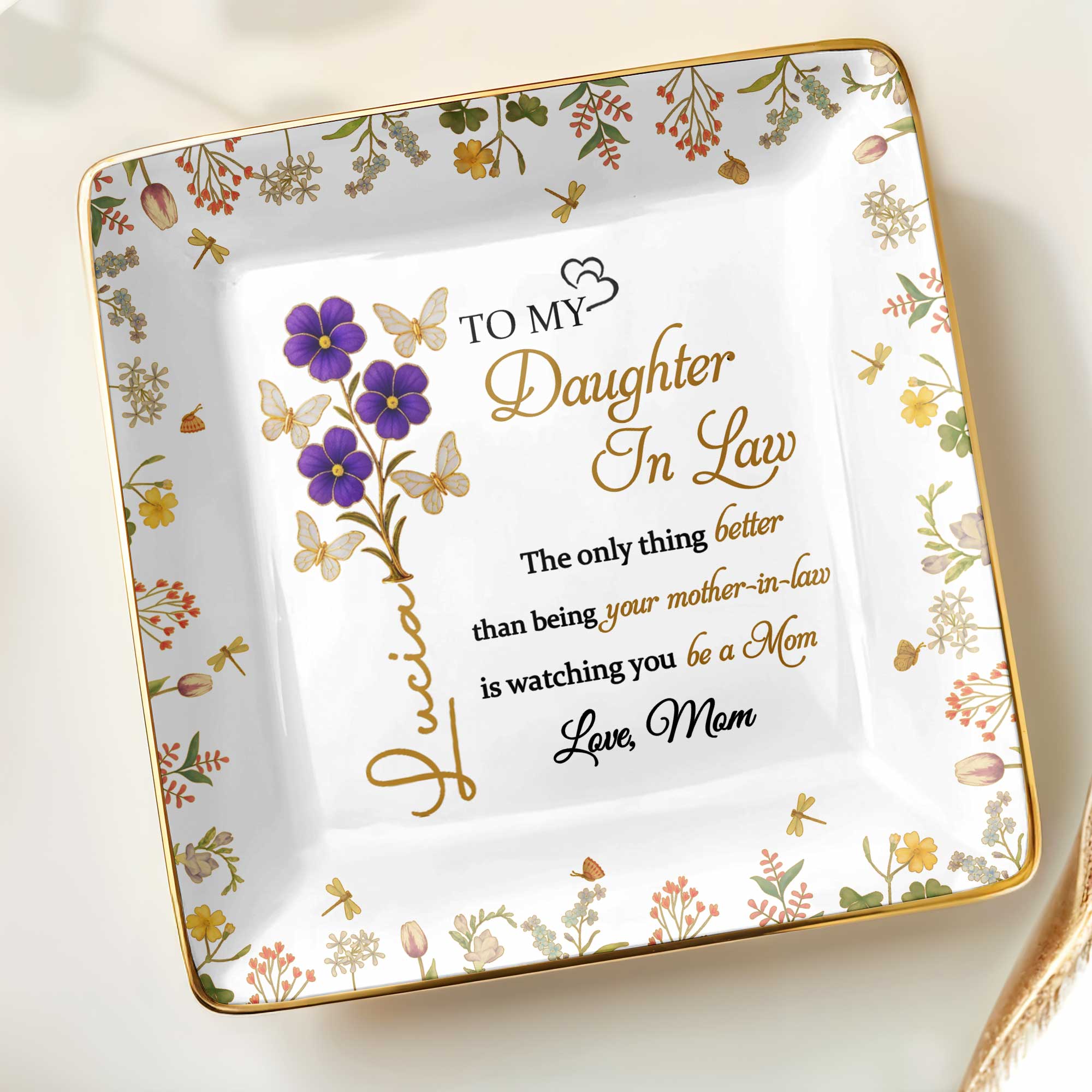 Watching You Be A Mom, Flowers And Butterflies Dish - Personalized Custom Jewelry Dish, Ceramic Dish, Square Shape - DAU181_SCRF