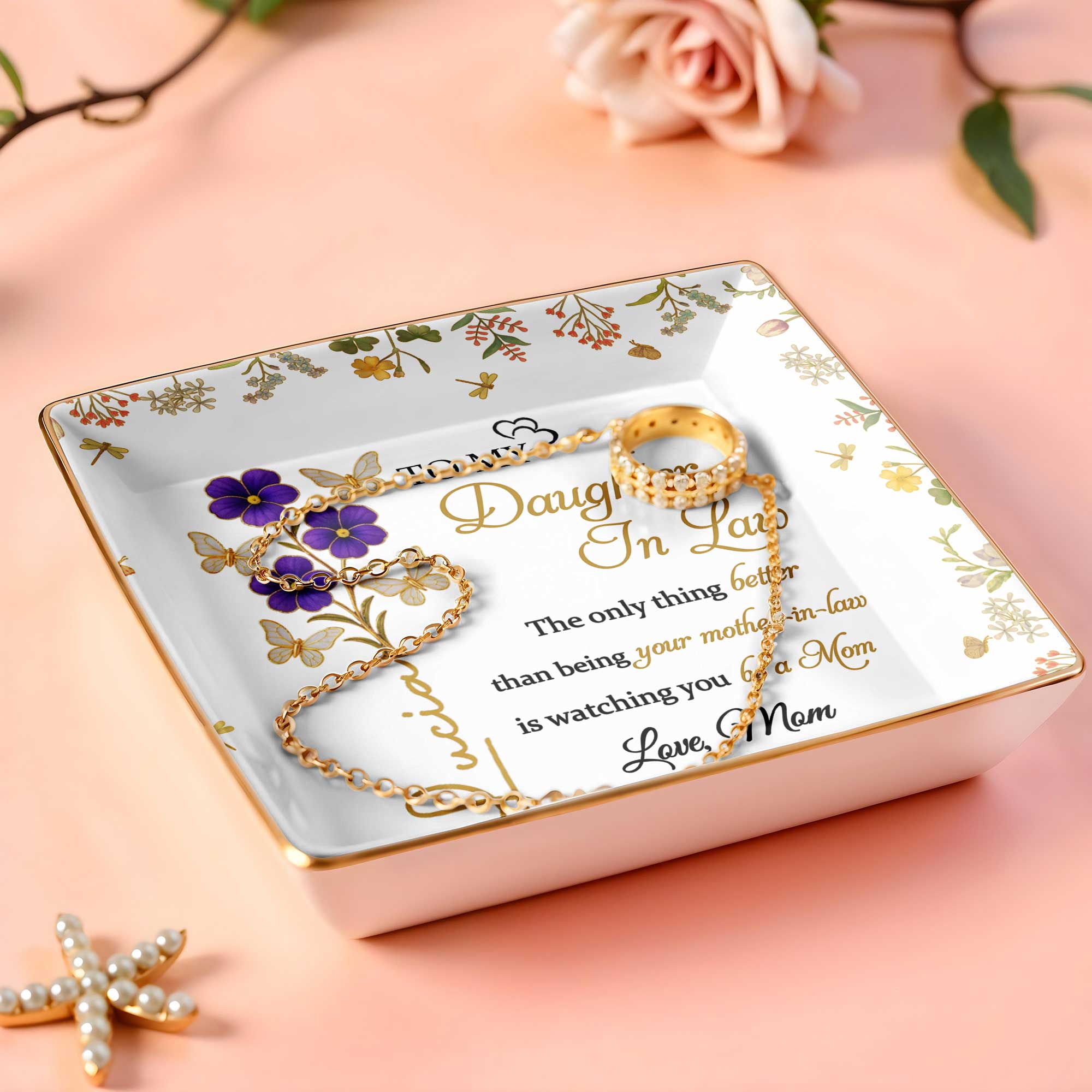 Watching You Be A Mom, Flowers And Butterflies Dish - Personalized Custom Jewelry Dish, Ceramic Dish, Square Shape - DAU181_SCRF