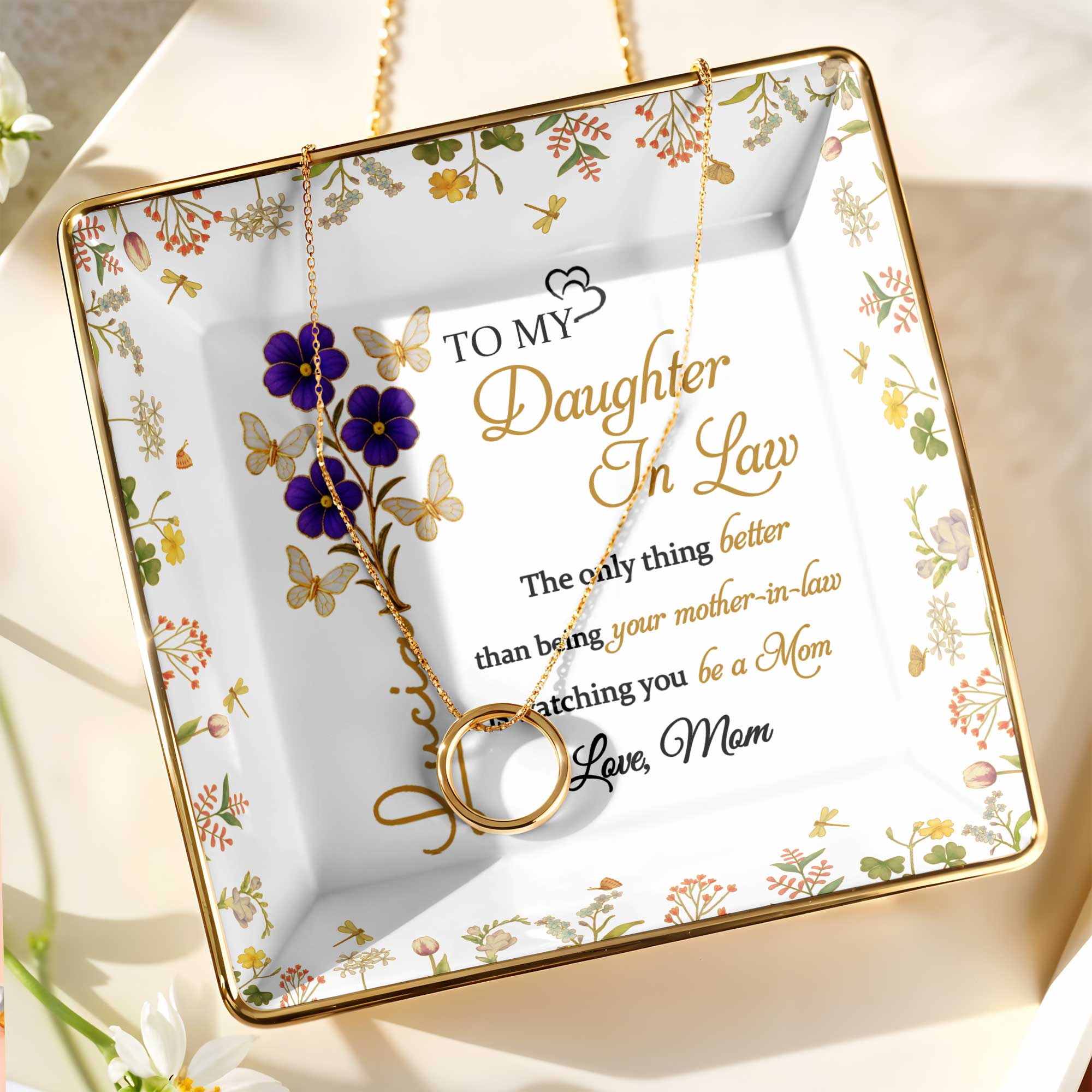 Watching You Be A Mom, Flowers And Butterflies Dish - Personalized Custom Jewelry Dish, Ceramic Dish, Square Shape - DAU181_SCRF