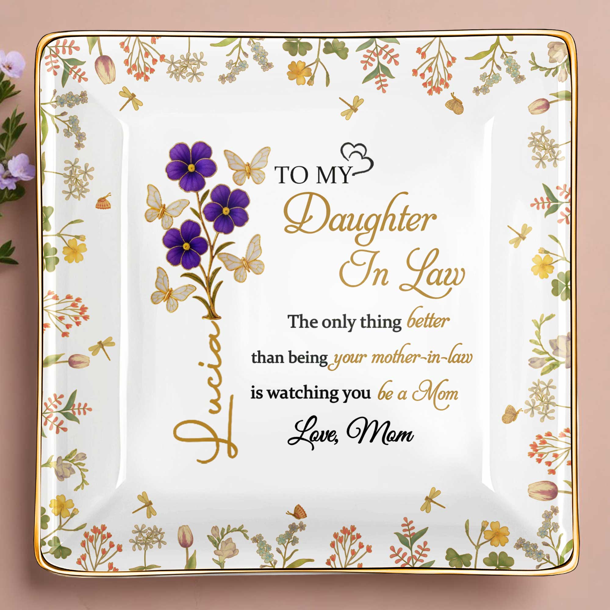 Watching You Be A Mom, Flowers And Butterflies Dish - Personalized Custom Jewelry Dish, Ceramic Dish, Square Shape - DAU181_SCRF