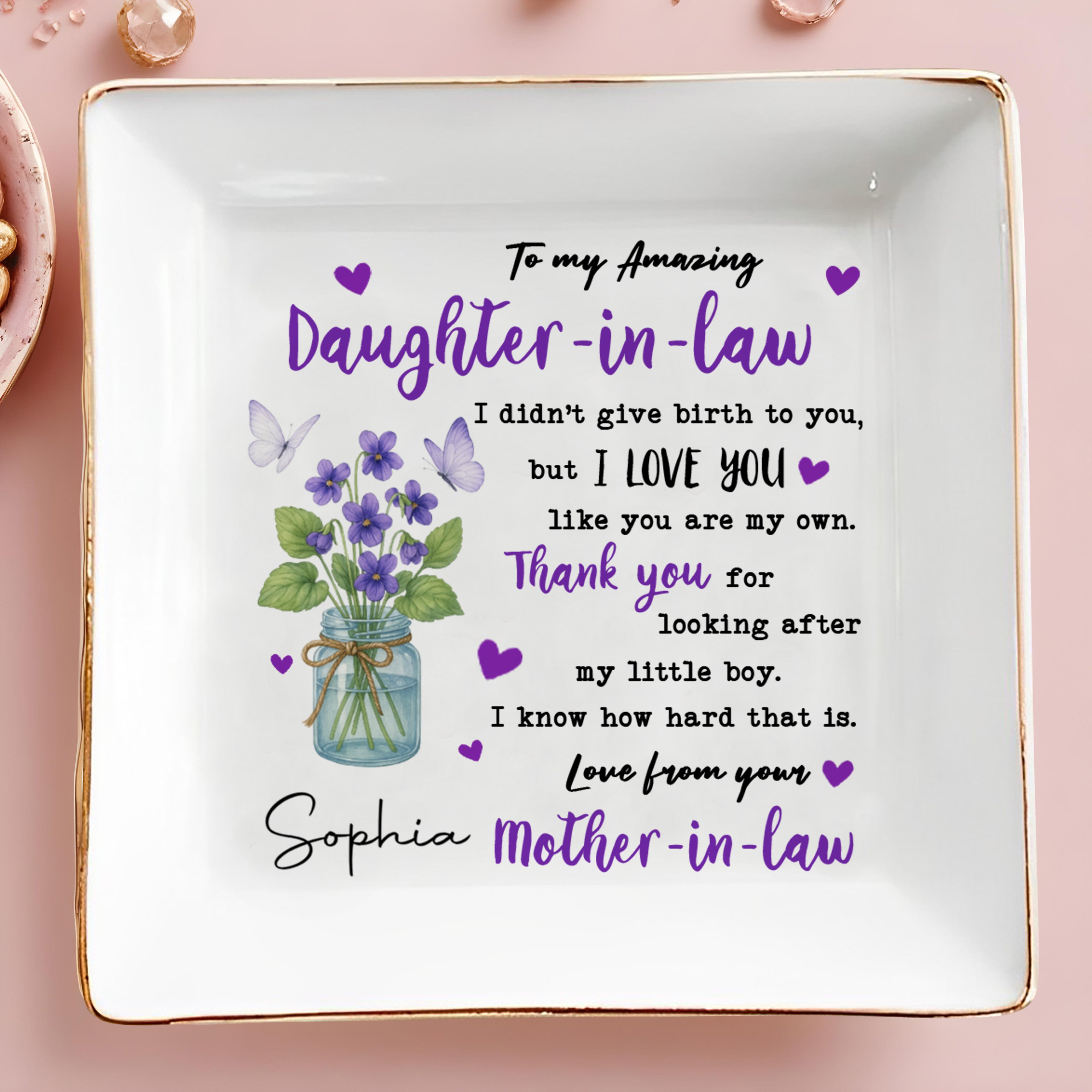 To My Amazing Daughter-In-Law With Flowers And Butterflies - Personalized Custom Jewelry Dish, Square Ceramic Dish - DAU186_SCRD