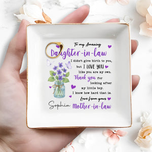 To My Amazing Daughter-In-Law With Flowers And Butterflies - Personalized Custom Jewelry Dish, Square Ceramic Dish - DAU186_SCRD