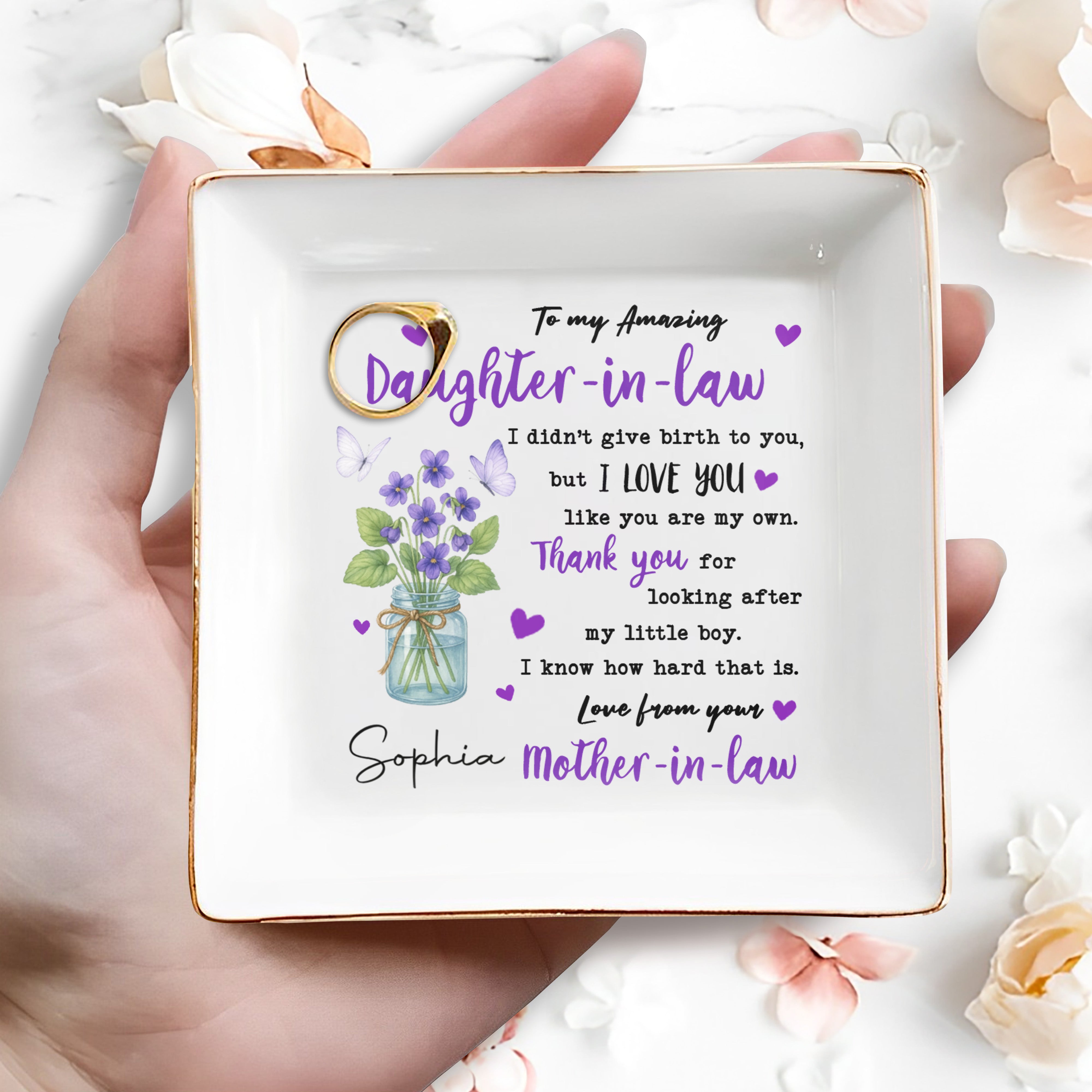 To My Amazing Daughter-In-Law With Flowers And Butterflies - Personalized Custom Jewelry Dish, Square Ceramic Dish - DAU186_SCRD