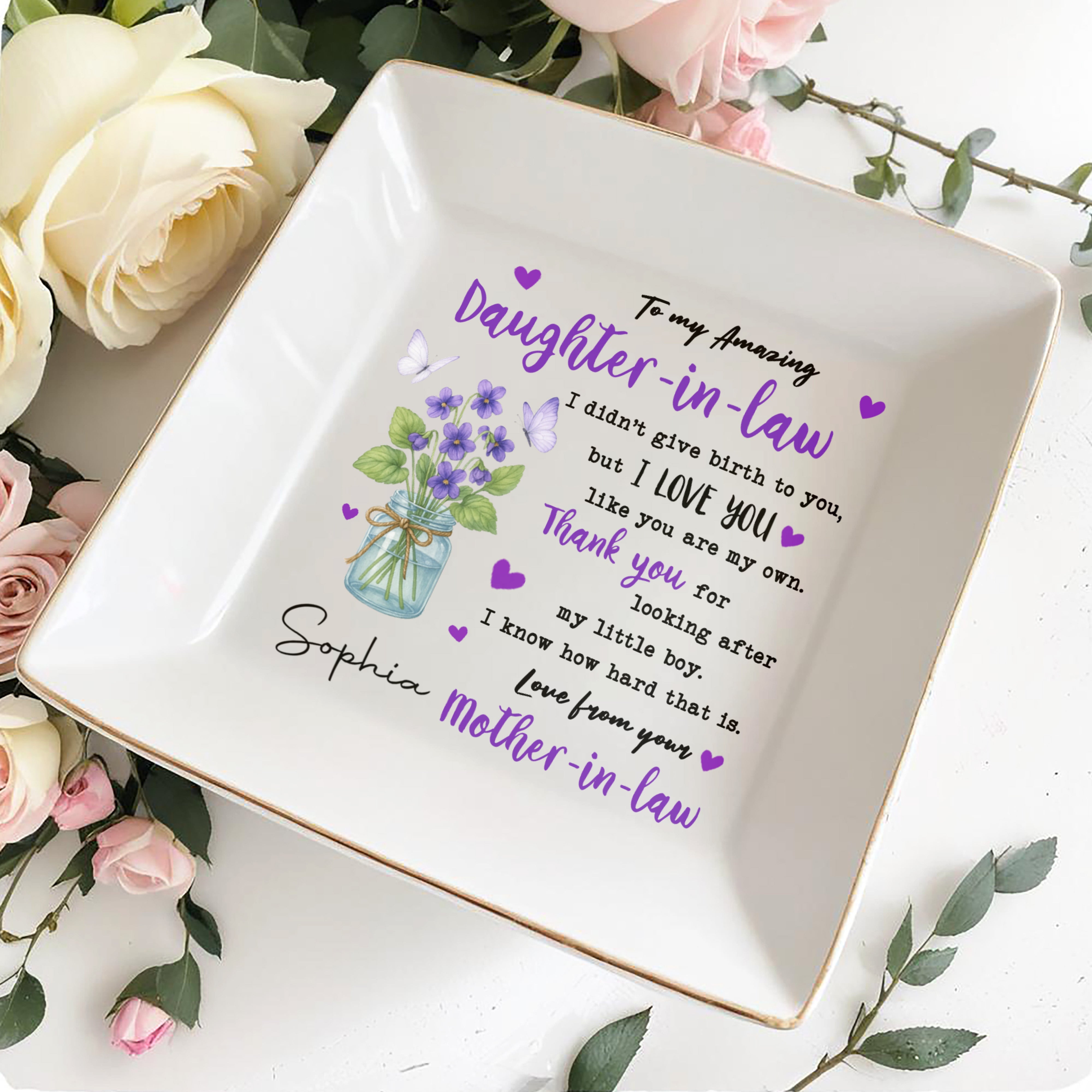To My Amazing Daughter-In-Law With Flowers And Butterflies - Personalized Custom Jewelry Dish, Square Ceramic Dish - DAU186_SCRD