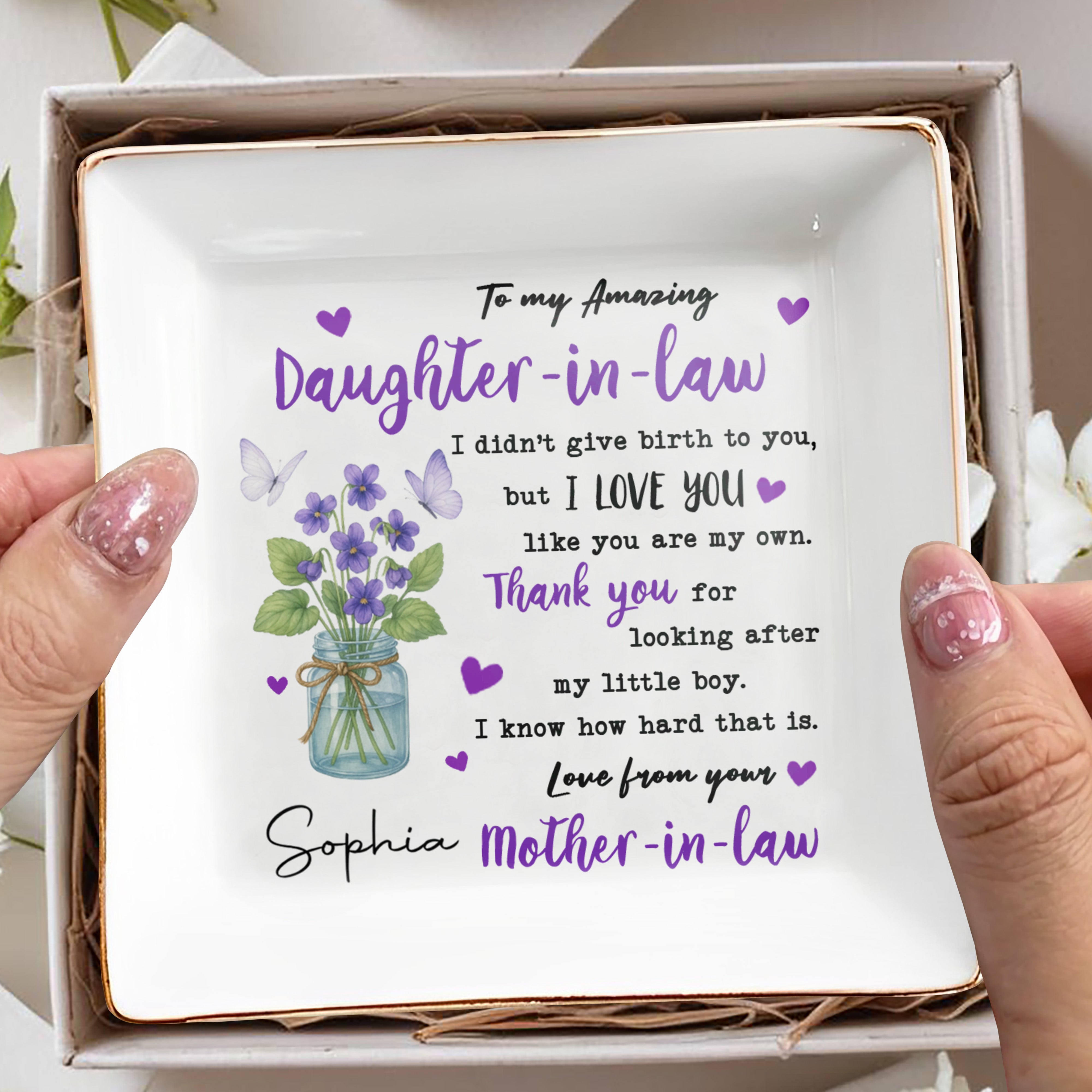 To My Amazing Daughter-In-Law With Flowers And Butterflies - Personalized Custom Jewelry Dish, Square Ceramic Dish - DAU186_SCRD