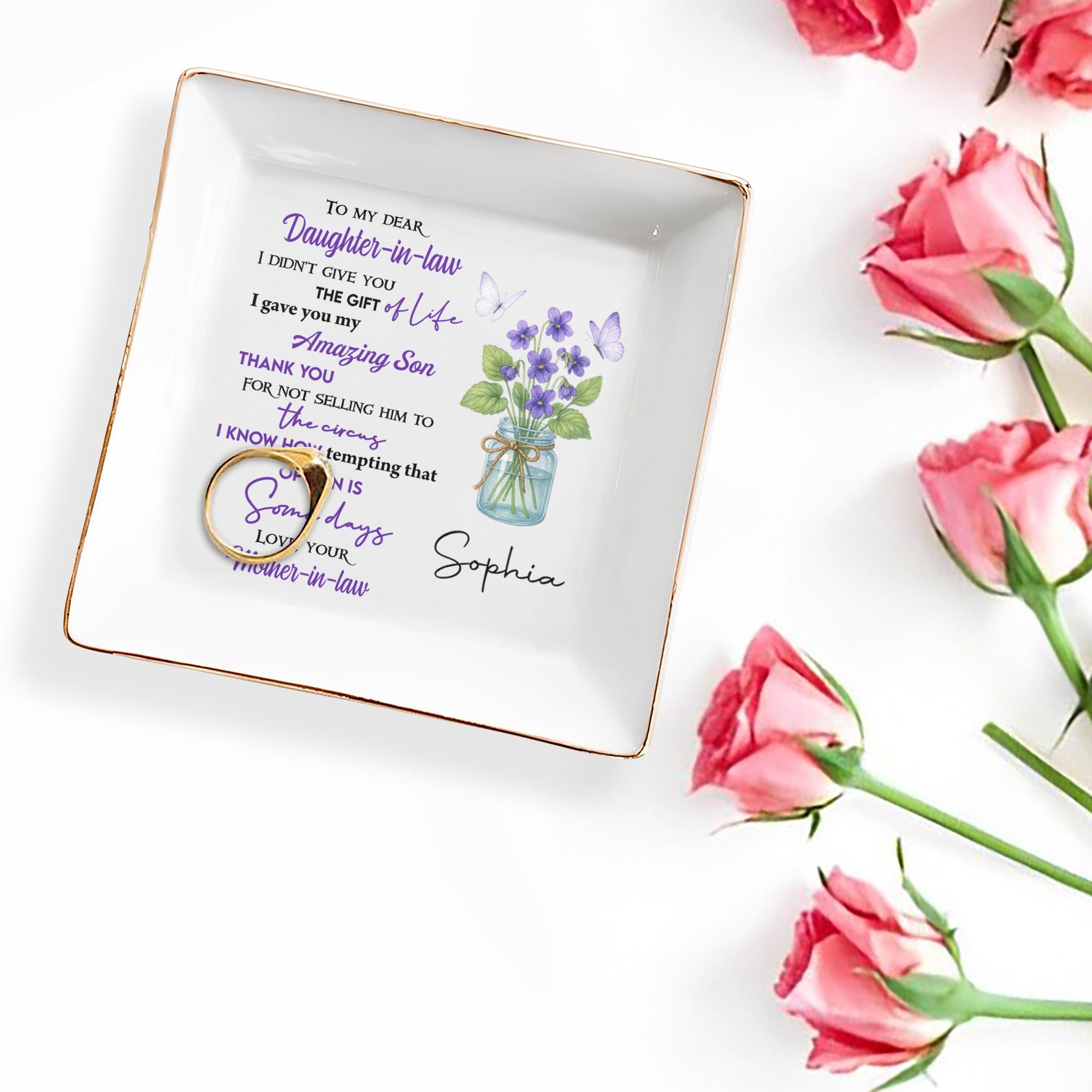 To My Dear Daughter-in-Law The Gift Of Life With Flowers - Personalized Custom Jewelry Dish, Square Ceramic Dish - DAU187_SCRD