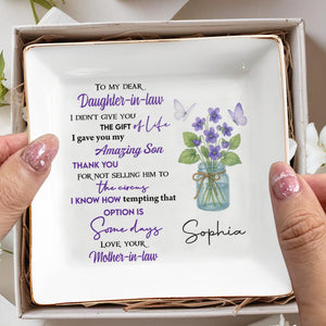To My Dear Daughter-in-Law The Gift Of Life With Flowers - Personalized Custom Jewelry Dish, Square Ceramic Dish - DAU187_SCRD