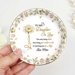 To My Daughter In Law, Love, Flowers - Personalized Custom Jewelry Dish, Ceramic Dish, Round Shape - DAU193_RCRF