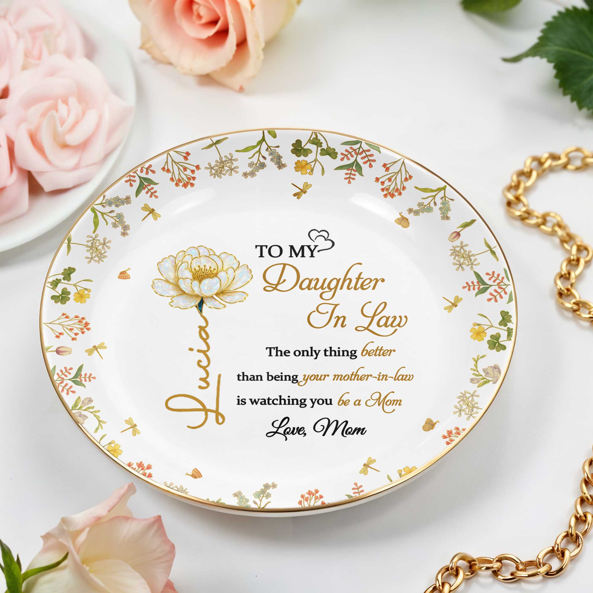 To My Daughter In Law, Love, Flowers - Personalized Custom Jewelry Dish, Ceramic Dish, Round Shape - DAU193_RCRF
