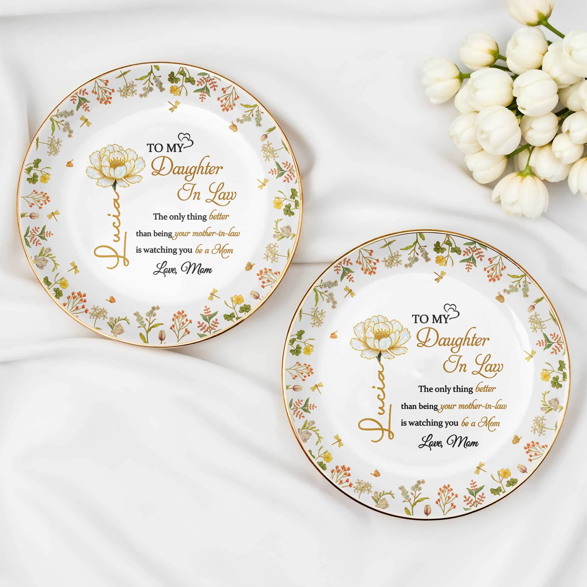 To My Daughter In Law, Love, Flowers - Personalized Custom Jewelry Dish, Ceramic Dish, Round Shape - DAU193_RCRF