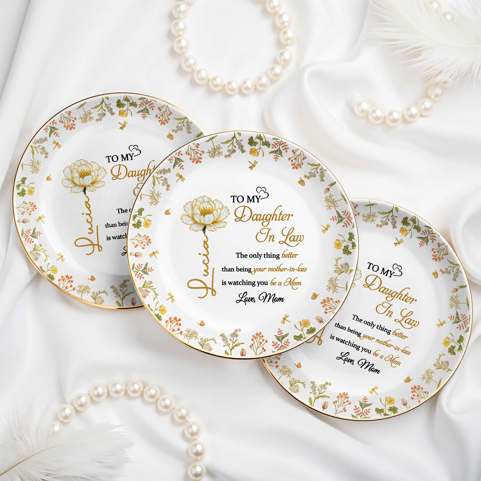 To My Daughter In Law, Love, Flowers - Personalized Custom Jewelry Dish, Ceramic Dish, Round Shape - DAU193_RCRF