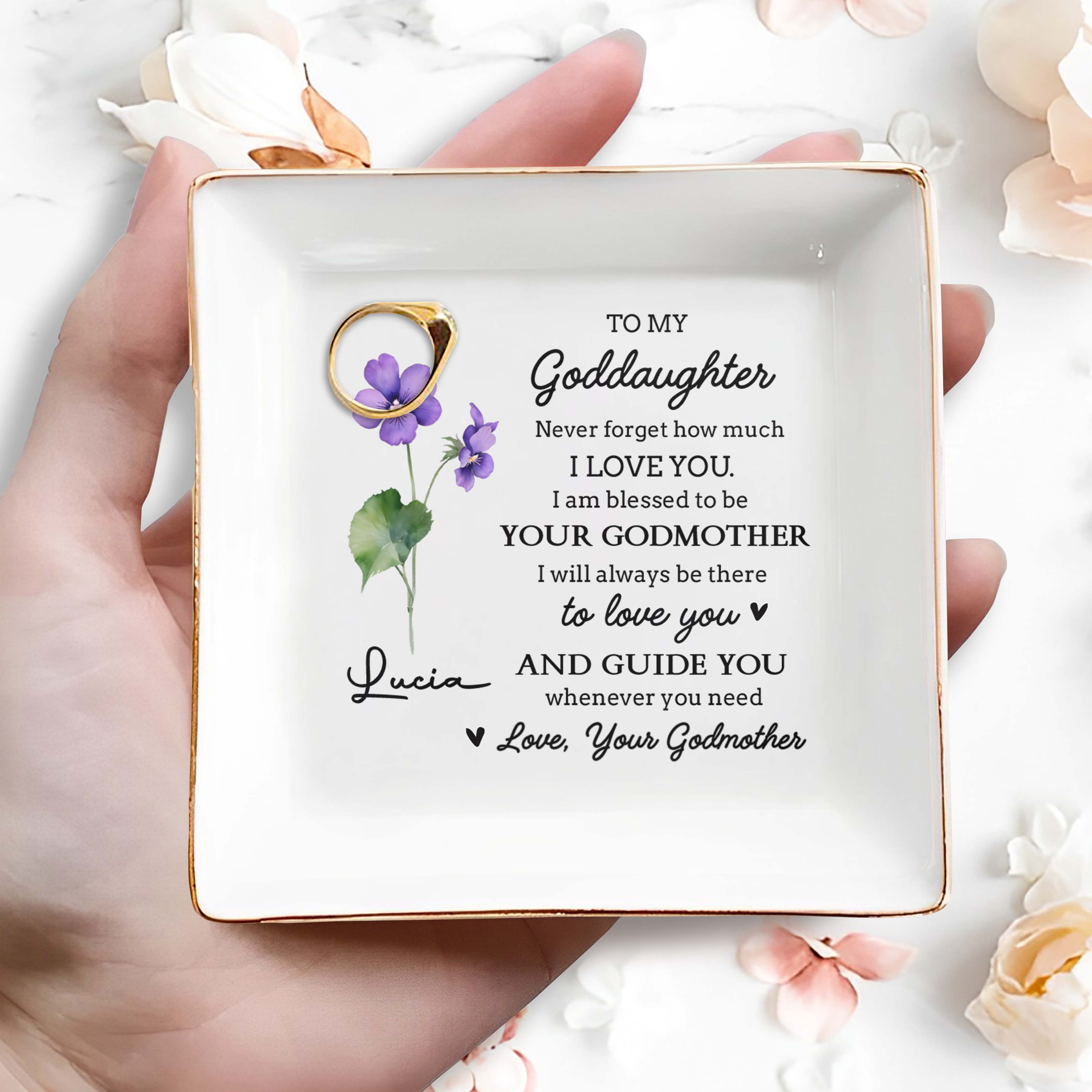 To My Goddaughter Love Blessings From Your Godmother - Personalized Custom Jewelry Dish, Square Ceramic Dish - DAU202_SCRD