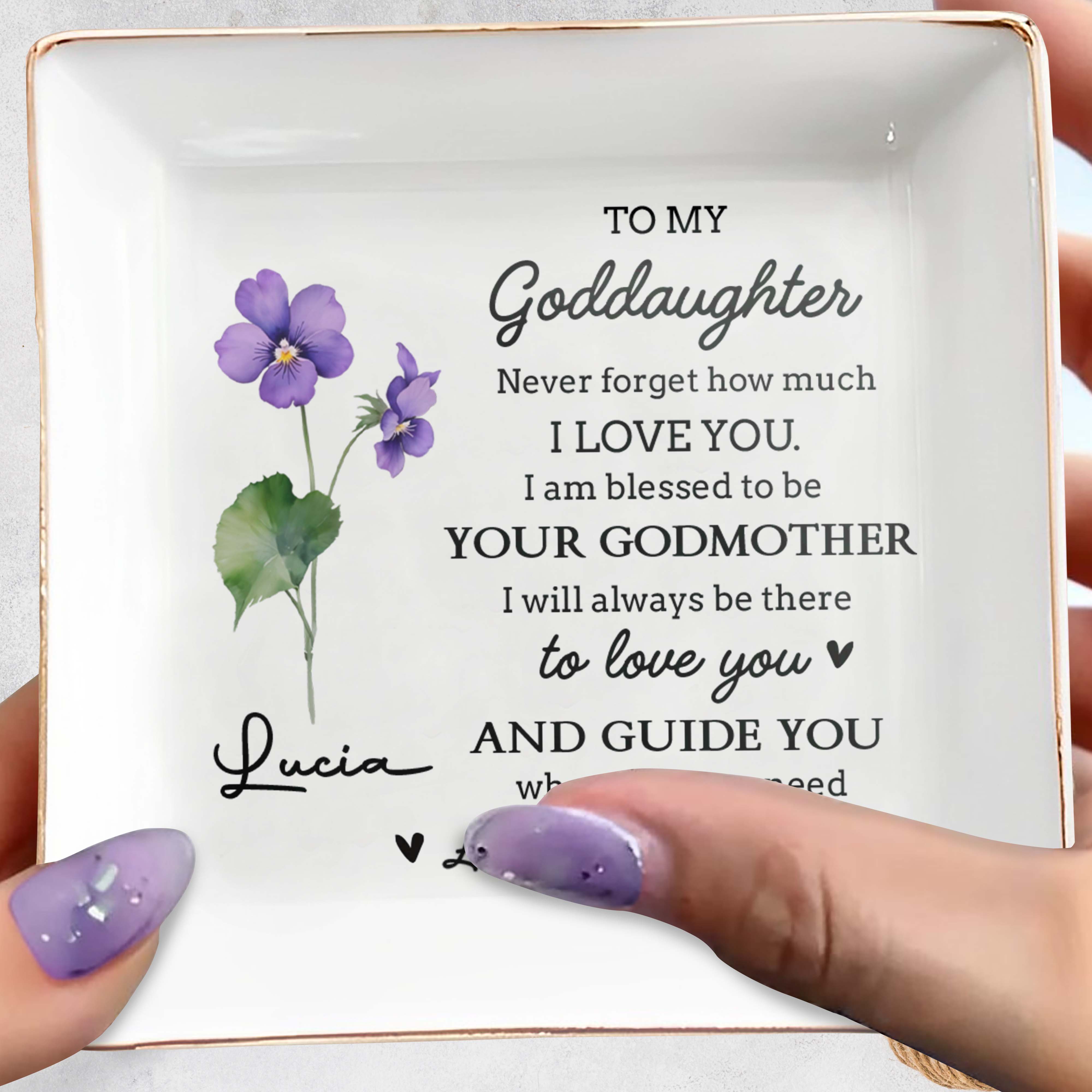 To My Goddaughter Love Blessings From Your Godmother - Personalized Custom Jewelry Dish, Square Ceramic Dish - DAU202_SCRD