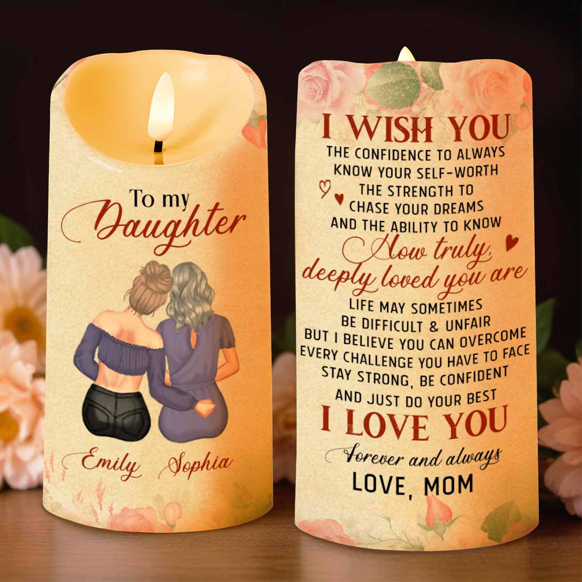 To My Daughter, Love Mom, Flowers - Personalized Custom LED Candle - DAU204_LECA