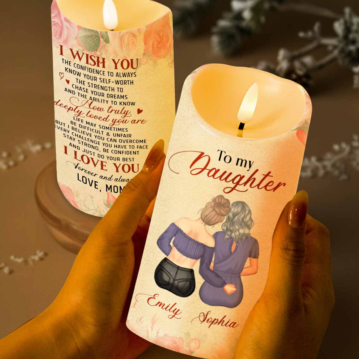 To My Daughter, Love Mom, Flowers - Personalized Custom LED Candle - DAU204_LECA