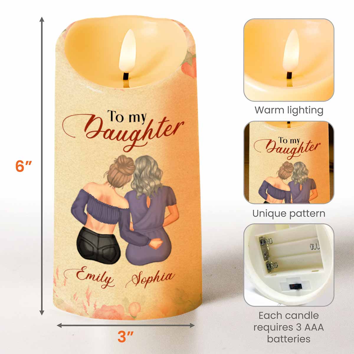 To My Daughter, Love Mom, Flowers - Personalized Custom LED Candle - DAU204_LECA