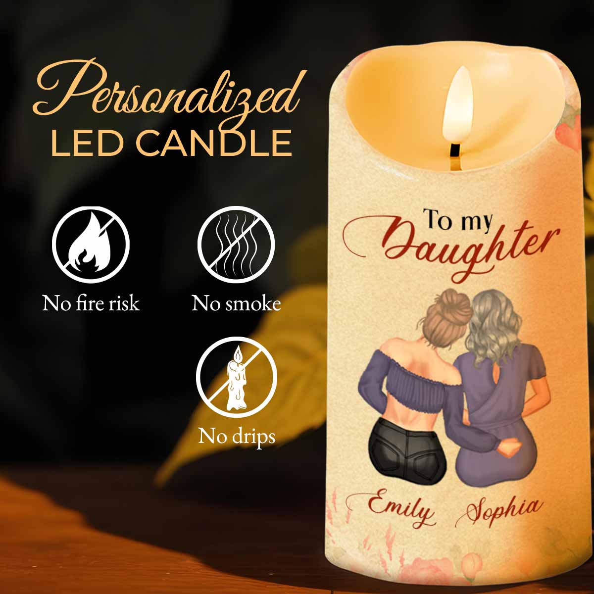 To My Daughter, Love Mom, Flowers - Personalized Custom LED Candle - DAU204_LECA