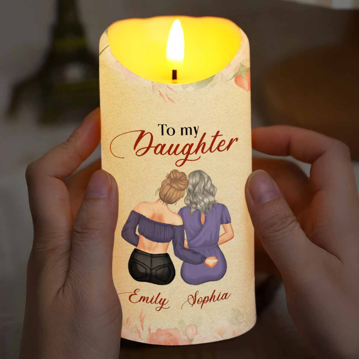 To My Daughter, Love Mom, Flowers - Personalized Custom LED Candle - DAU204_LECA