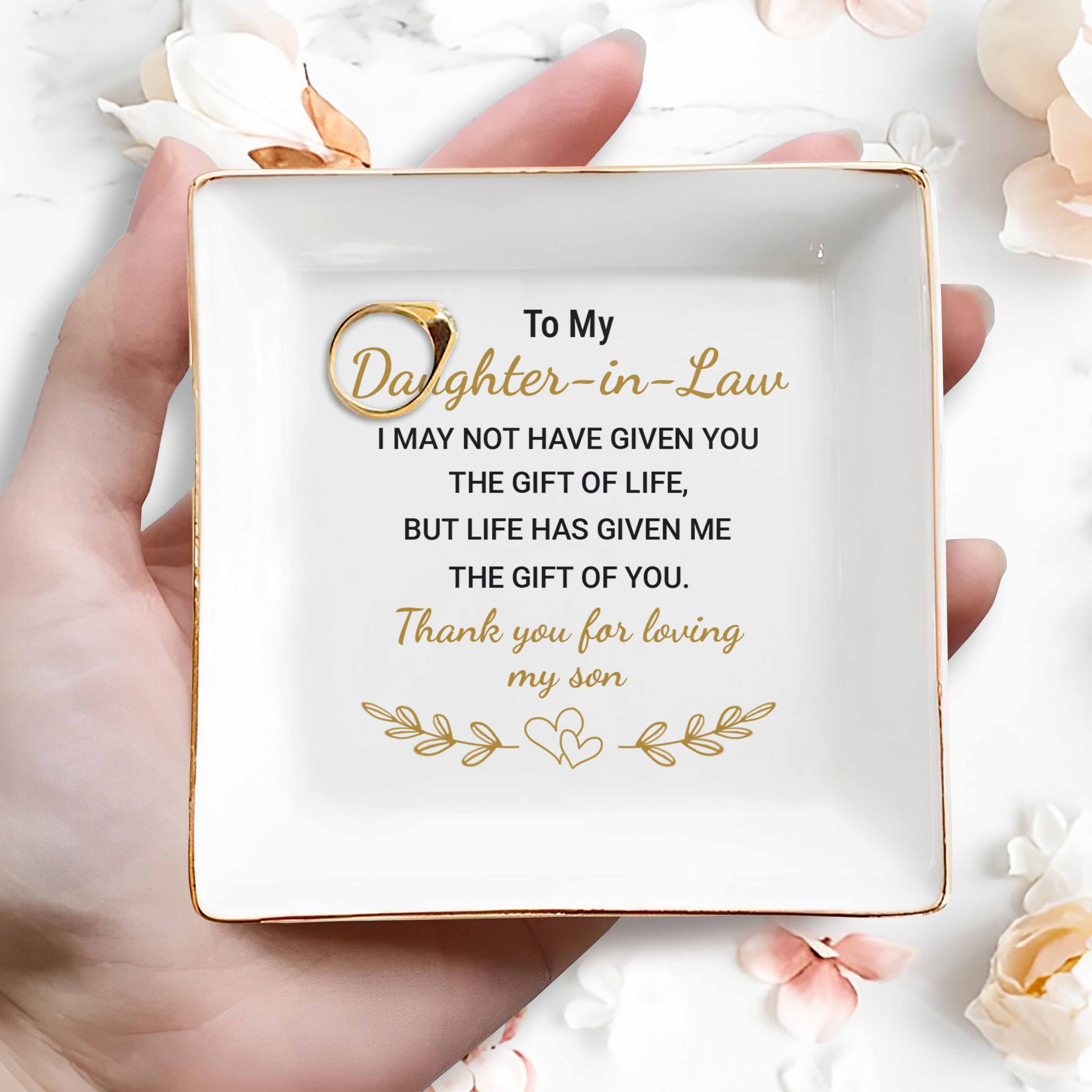 To My Daughter-In-Law, Thank You For Loving My Son - Personalized Custom Jewelry Dish, Square Ceramic Dish - DAU211_SCRD