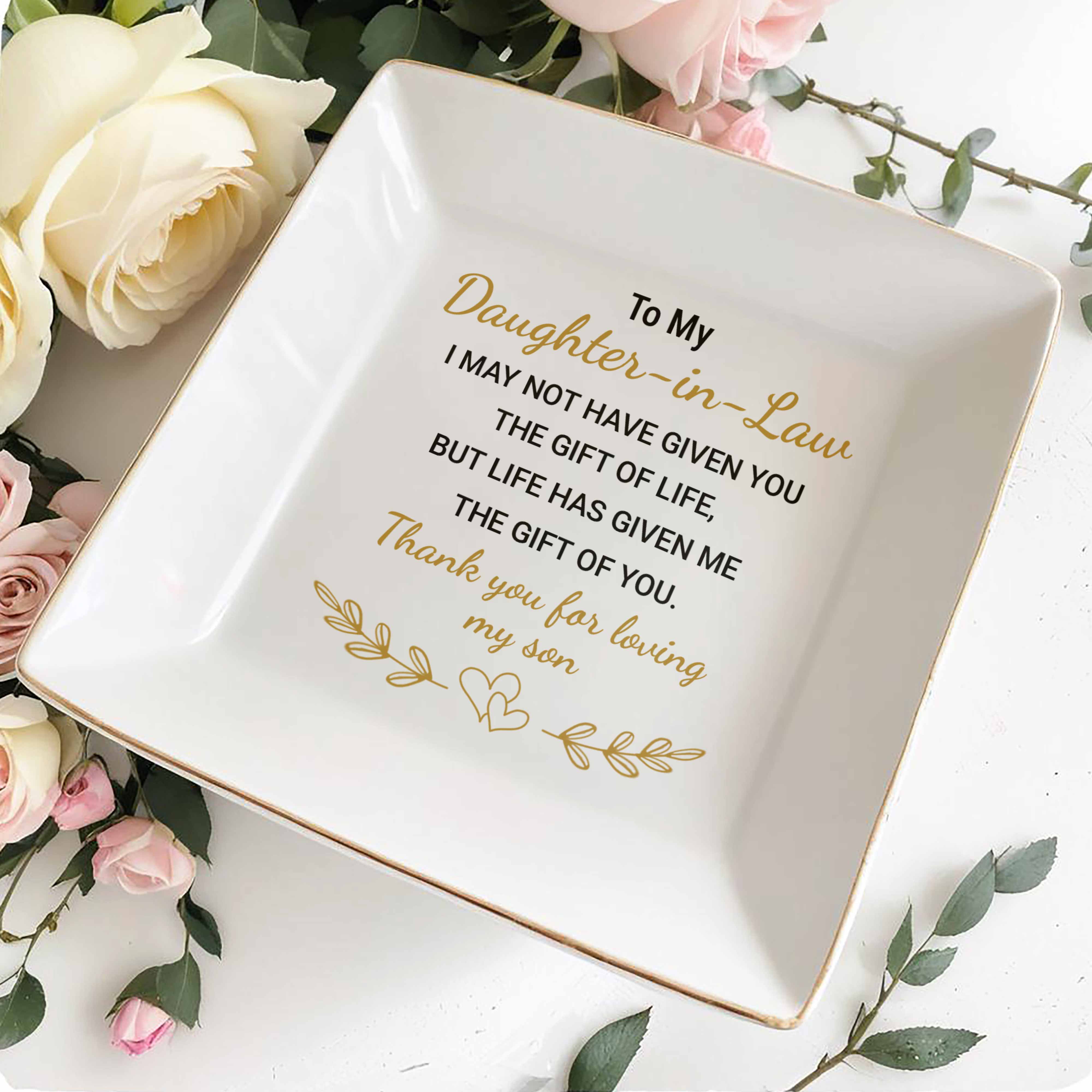 To My Daughter-In-Law, Thank You For Loving My Son - Personalized Custom Jewelry Dish, Square Ceramic Dish - DAU211_SCRD