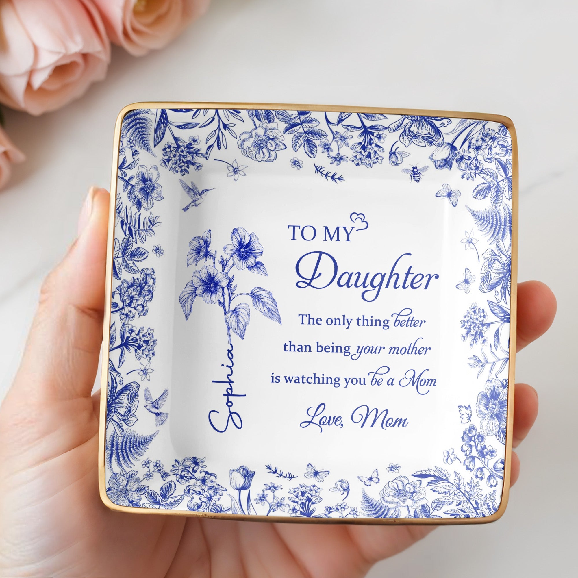 To My Daughter, Floral Design Ceramic Dish - Personalized Custom Jewelry Dish, Ceramic Dish, Square Shape - DAU213_SCRF