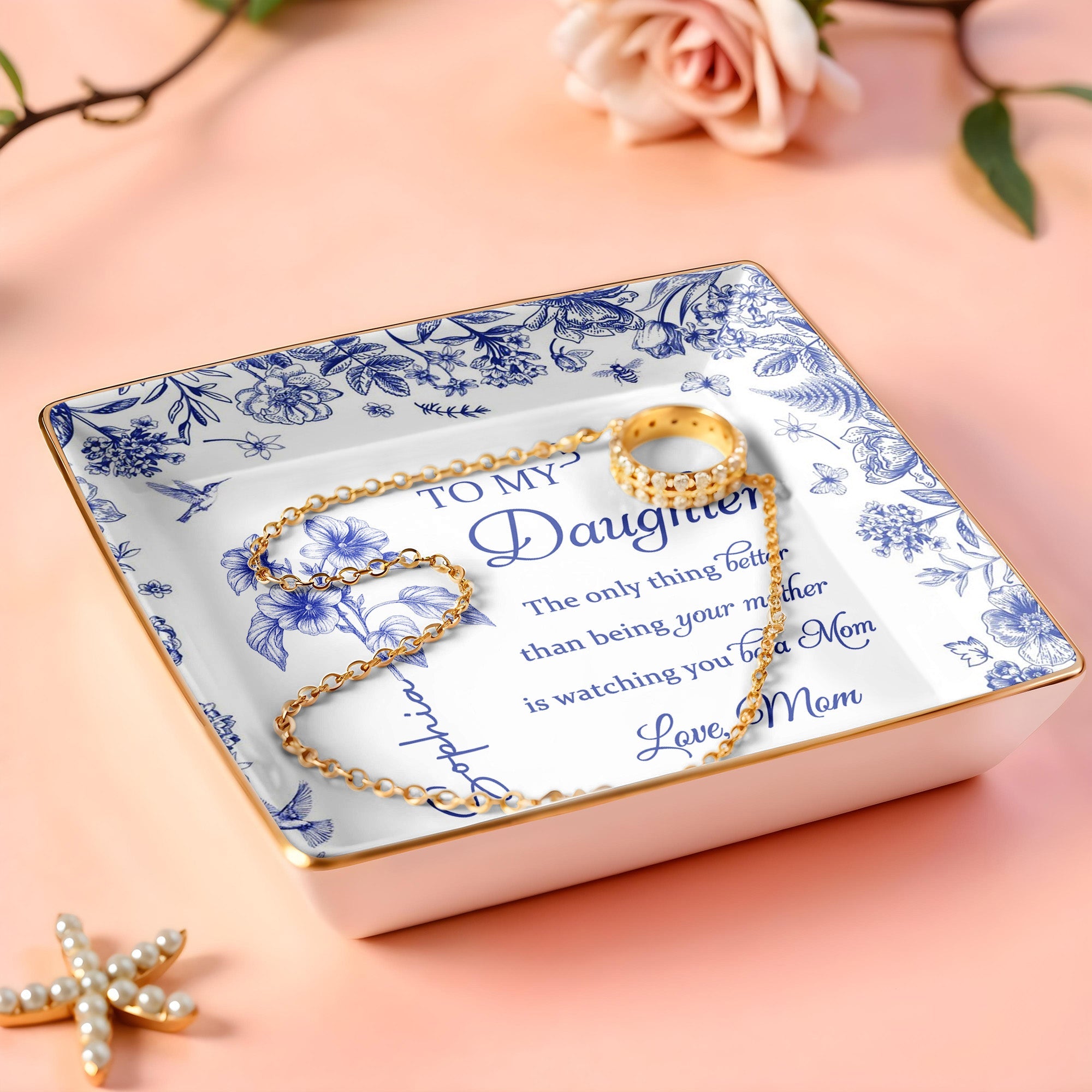 To My Daughter, Floral Design Ceramic Dish - Personalized Custom Jewelry Dish, Ceramic Dish, Square Shape - DAU213_SCRF